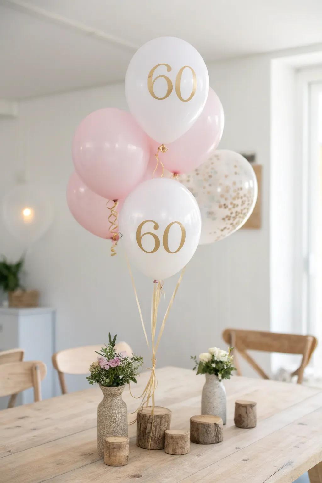Celebrate 60 with style and whimsy: Elegant balloon bouquets for a memorable centerpiece.