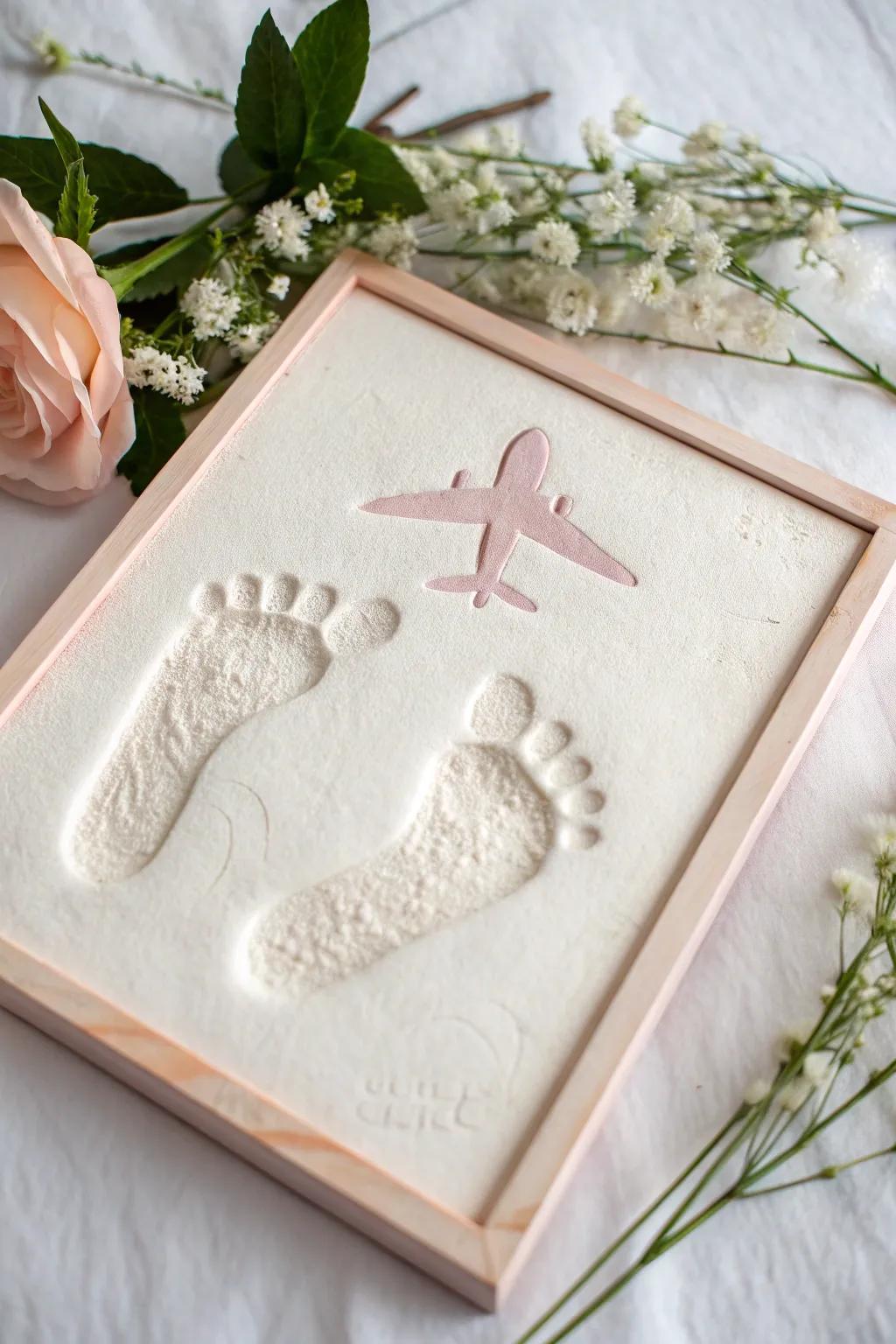 Tiny steps to big adventures: Capture your baby's journey with this charming footprint airplane art.