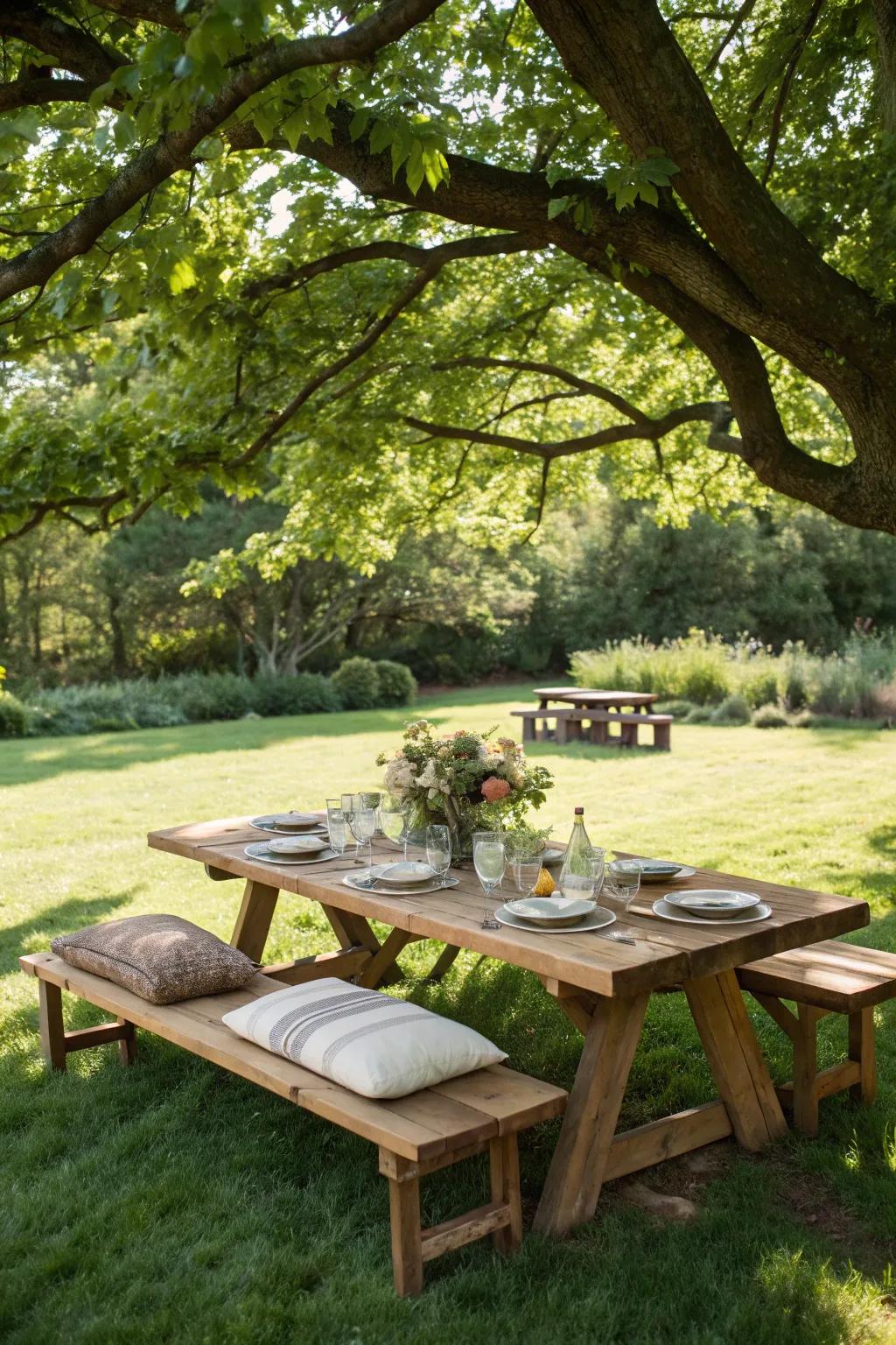 Transform your backyard into a charming dining oasis with this DIY picnic table setup.