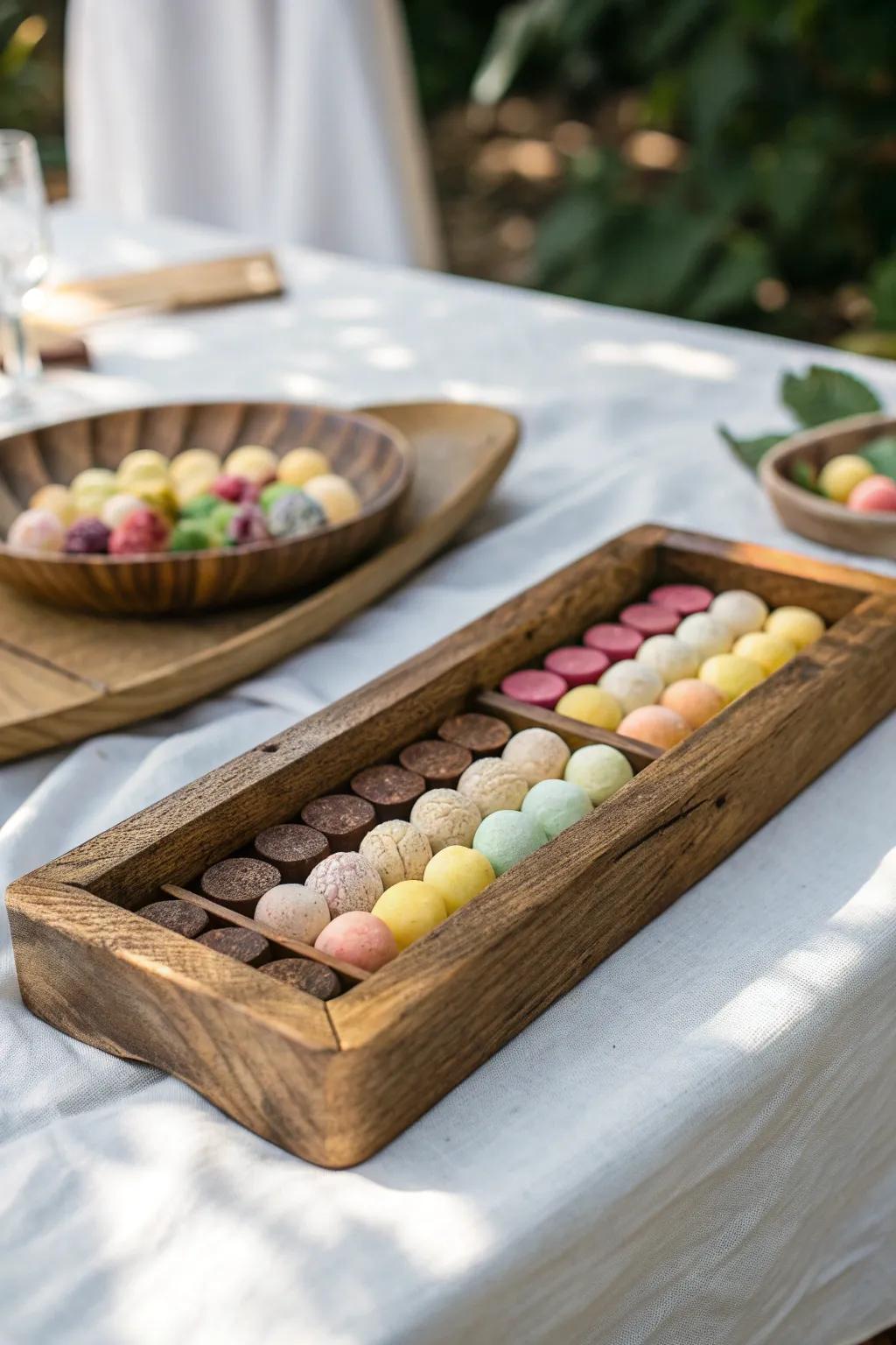 Add warmth and charm to your candy buffet with rustic wooden trays.