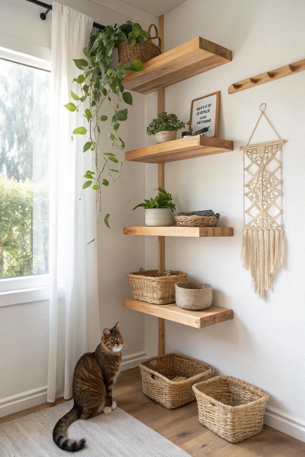 Elevate your cat's adventures with beautifully crafted corner shelves. #MinimalistCatShelves #ScandiBoho