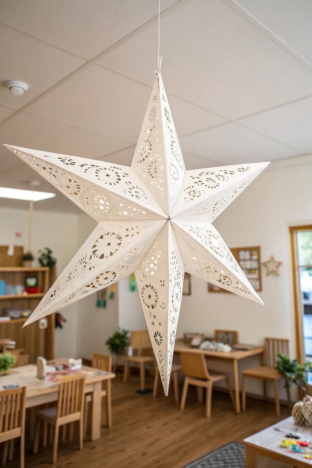 Transform your classroom into a winter wonderland with floating paper stars for a touch of magic and elegance.