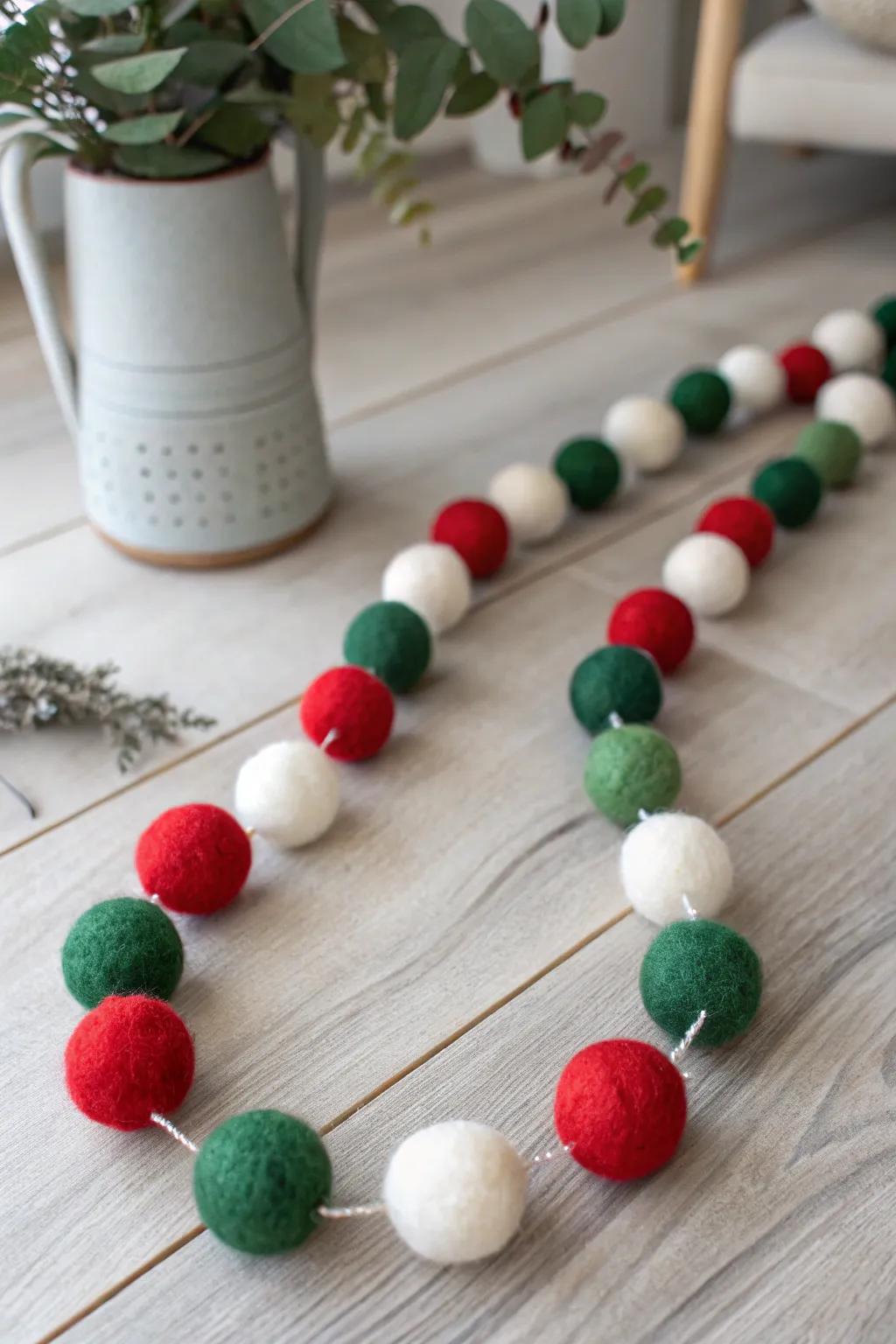 Add a pop of holiday cheer with a handcrafted felt ball garland, perfect for a touch of festive charm.