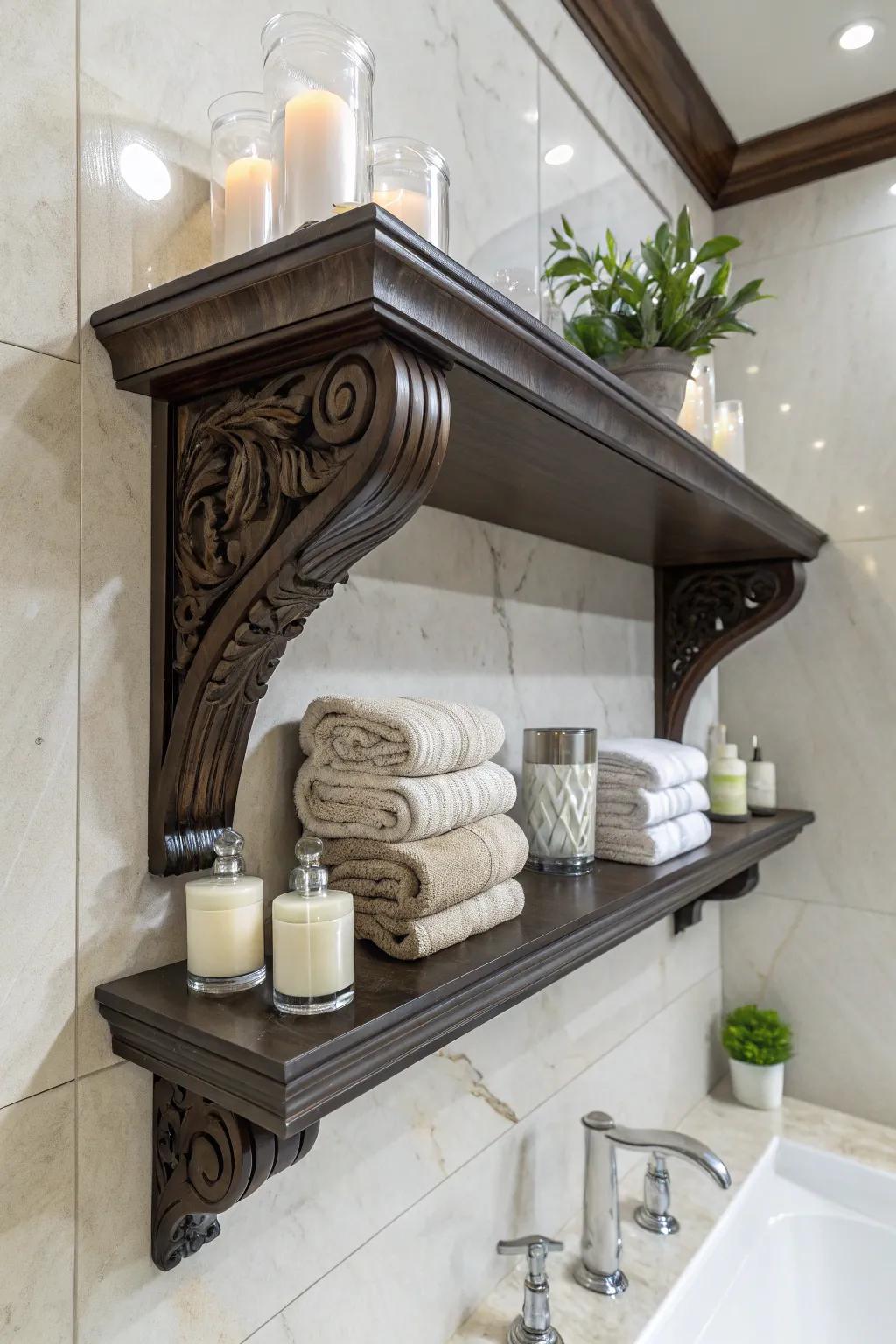 Elevate your bathroom style with chic corbel-supported shelves for a perfect blend of elegance and utility.