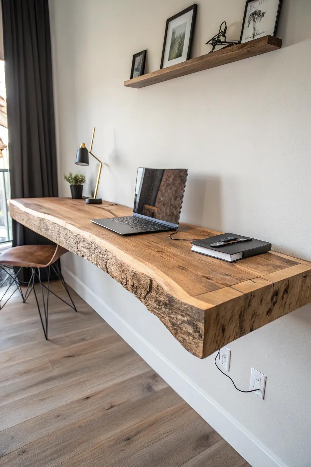 Elevate your workspace with the captivating allure of a live edge floating desk.