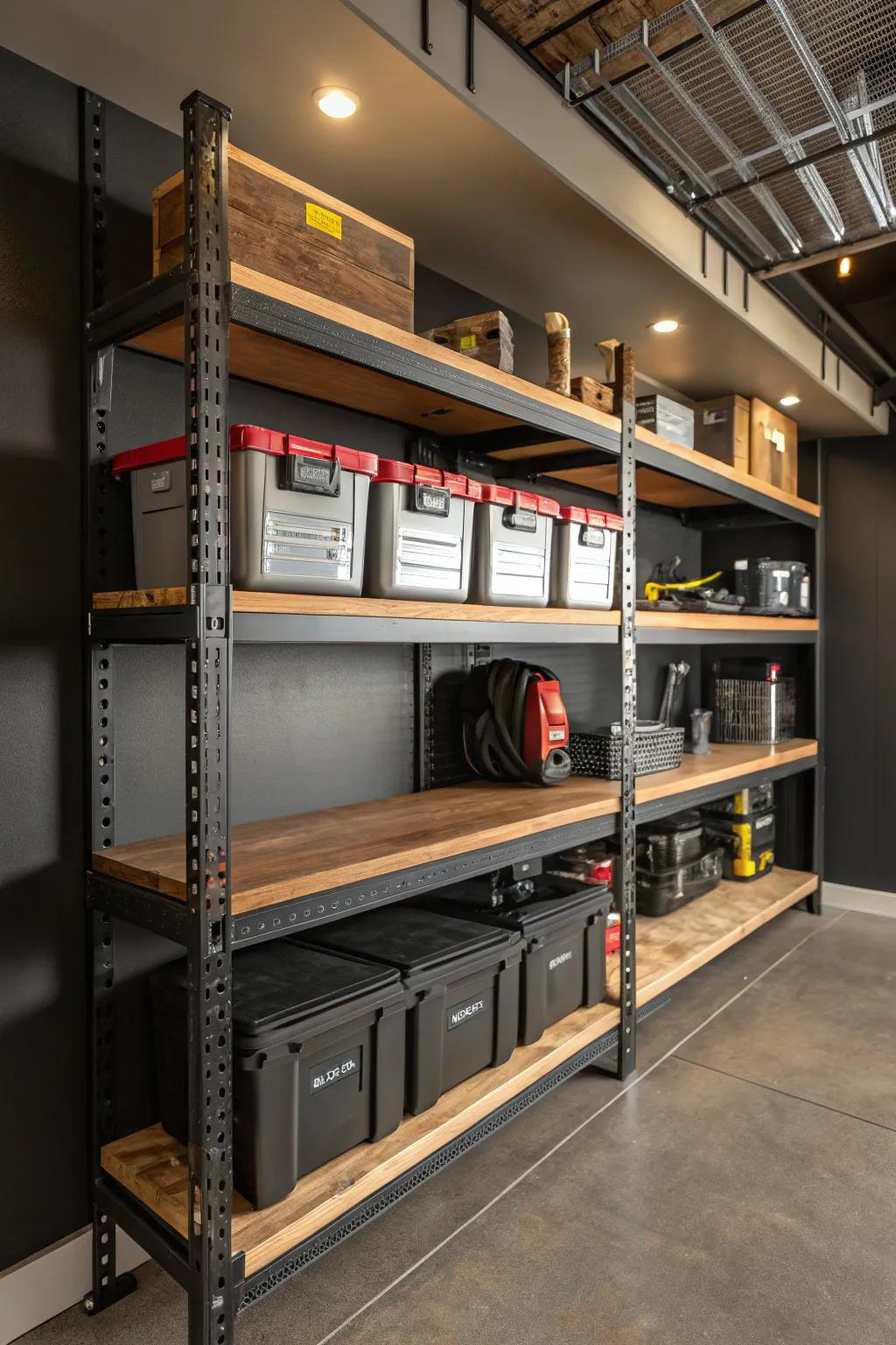 Maximize your garage space with stylish and adjustable shelves for all your storage needs.