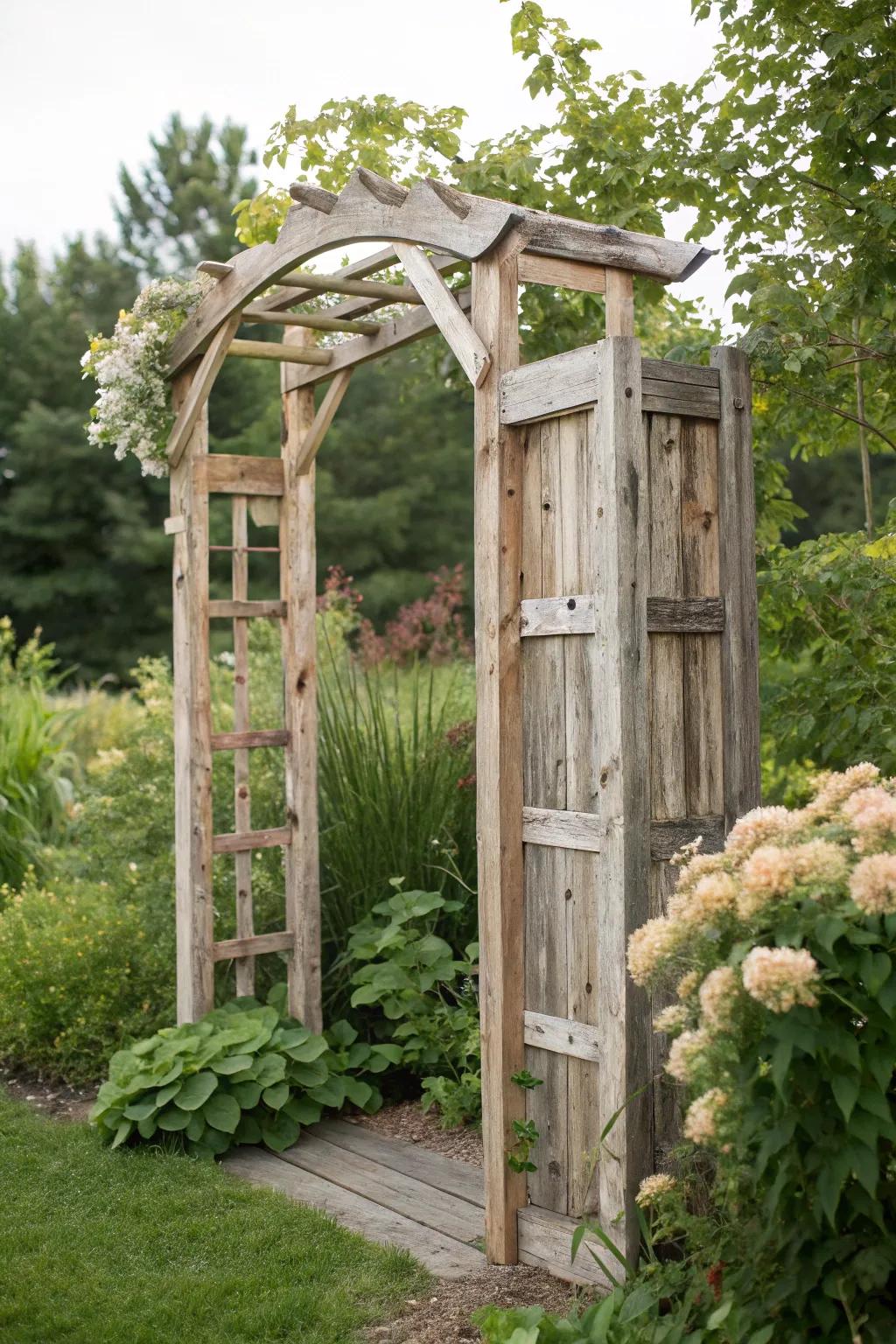 Embrace sustainable elegance with a reclaimed wood garden arch, blending rustic charm and minimalist beauty.