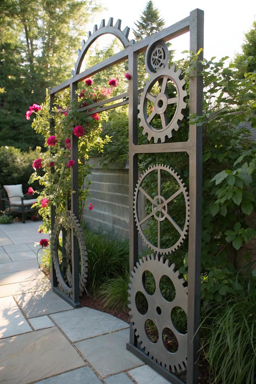 Transform your garden with an industrial-chic metal gear trellis—where craftsmanship meets natural beauty.