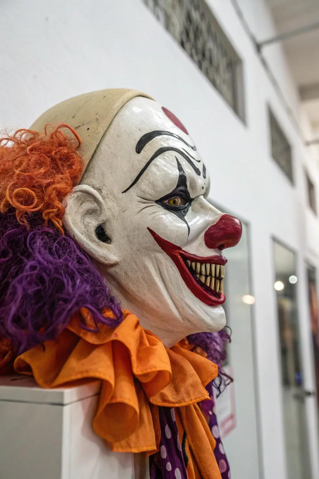 Unleash your inner mischief with this exquisitely crafted sinister clown mask—perfect for a hauntingly stylish Halloween!