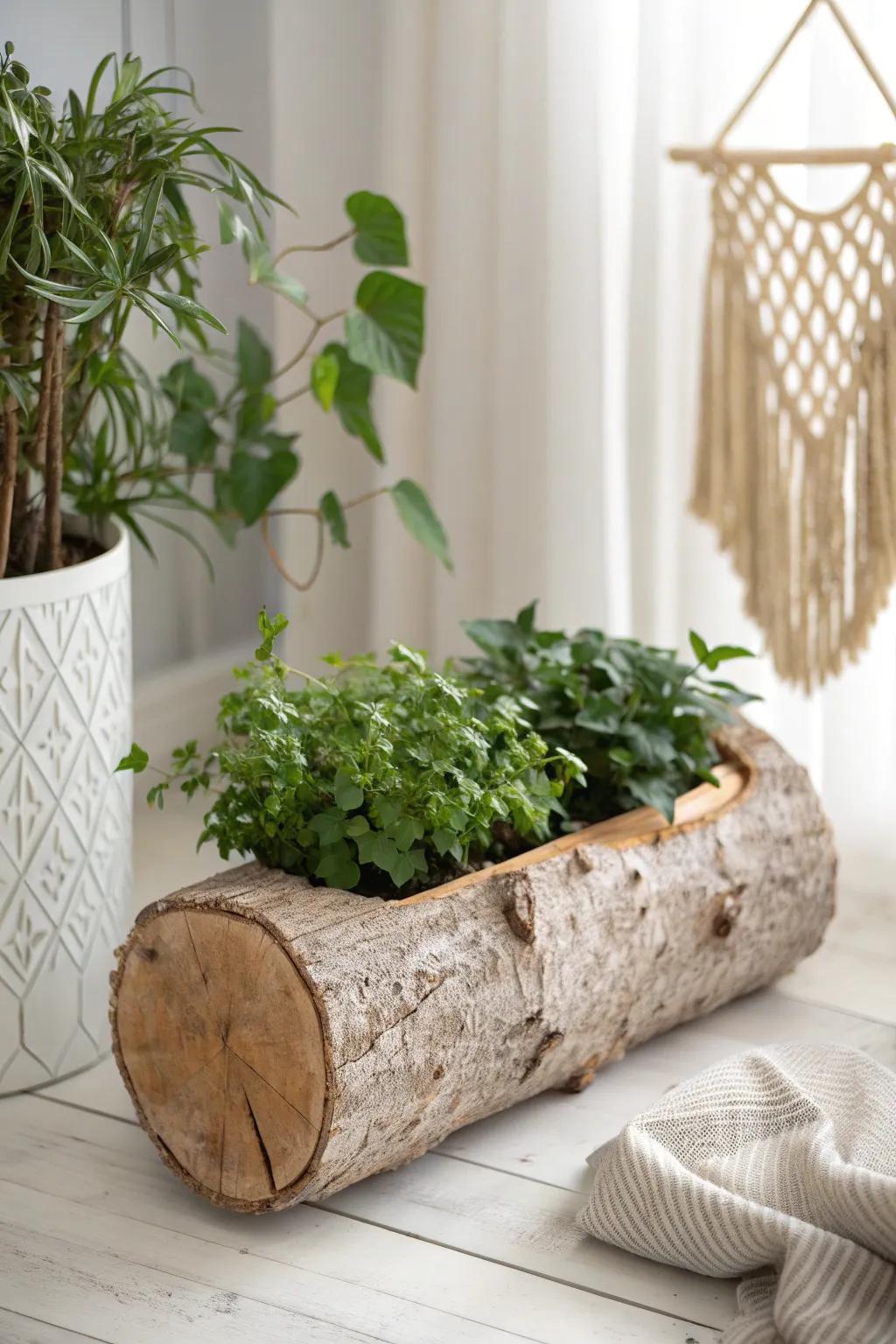 Embrace rustic charm with a DIY hollowed-out log planter, perfect for adding a touch of nature to your minimalist space.
