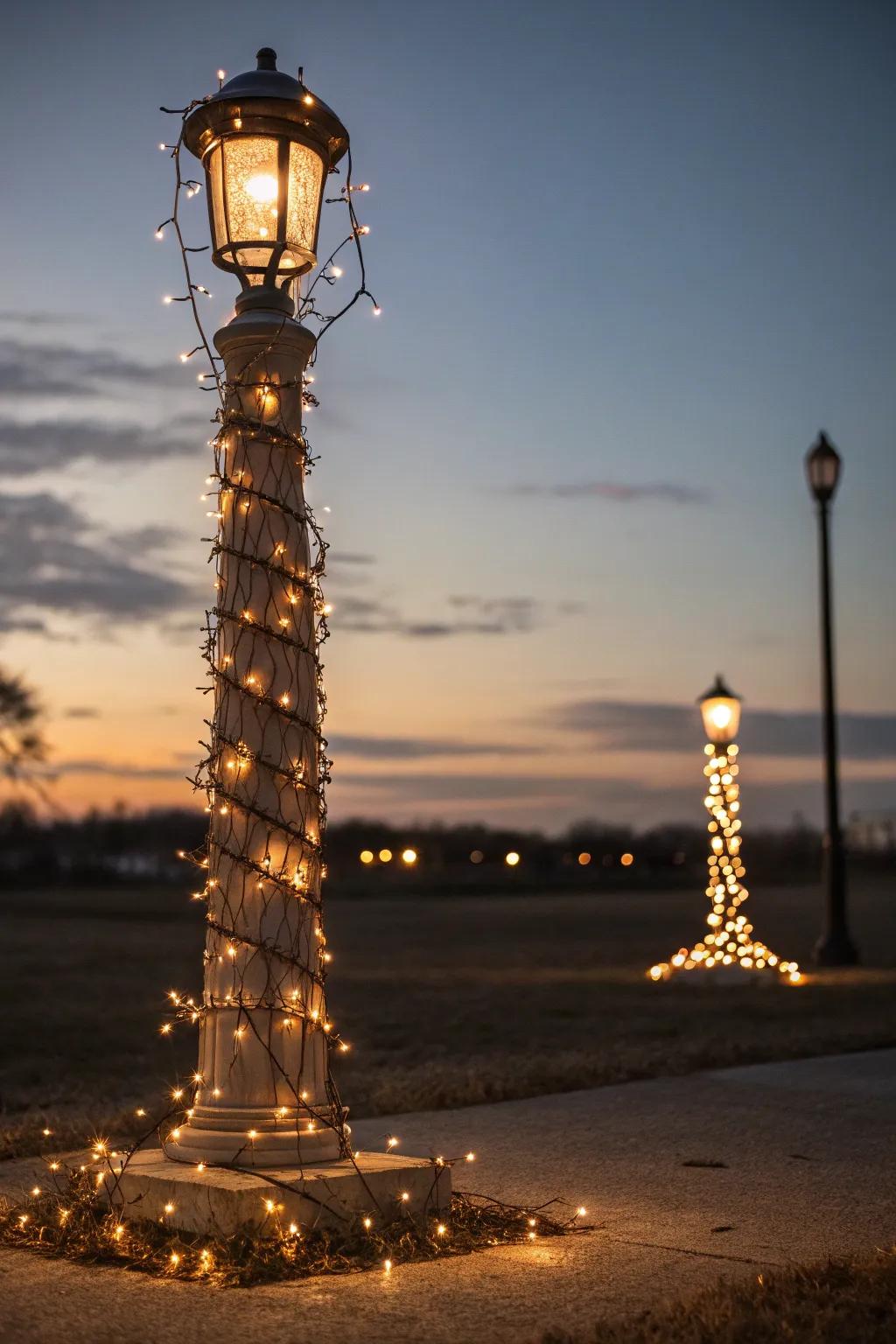 Transform your outdoor space into a magical escape with twinkling string lights wrapped around a DIY lamp post.
