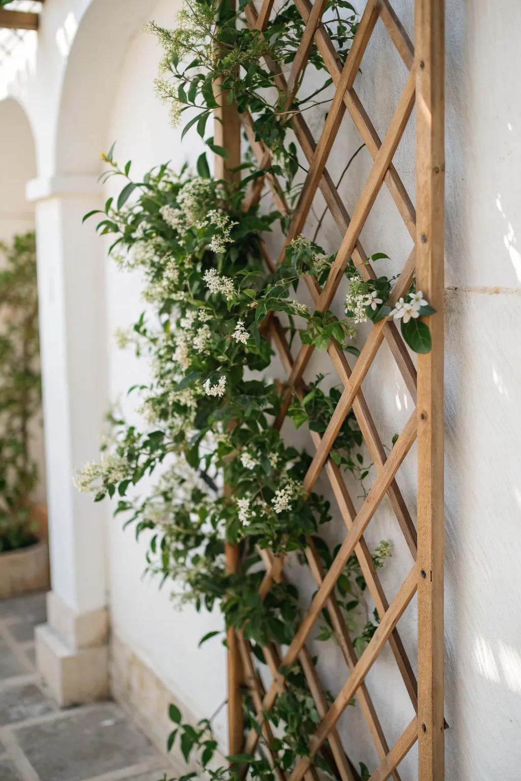 Embrace Mediterranean charm with a jasmine-wrapped lattice, where simplicity meets natural beauty.