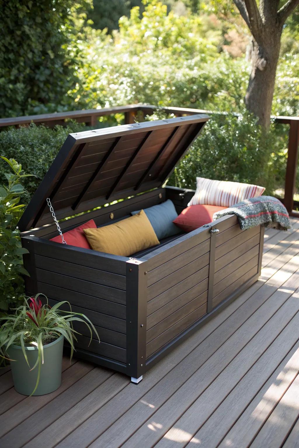 Upgrade your outdoor space with this sleek and sturdy deck box – perfect for storage and extra seating!
