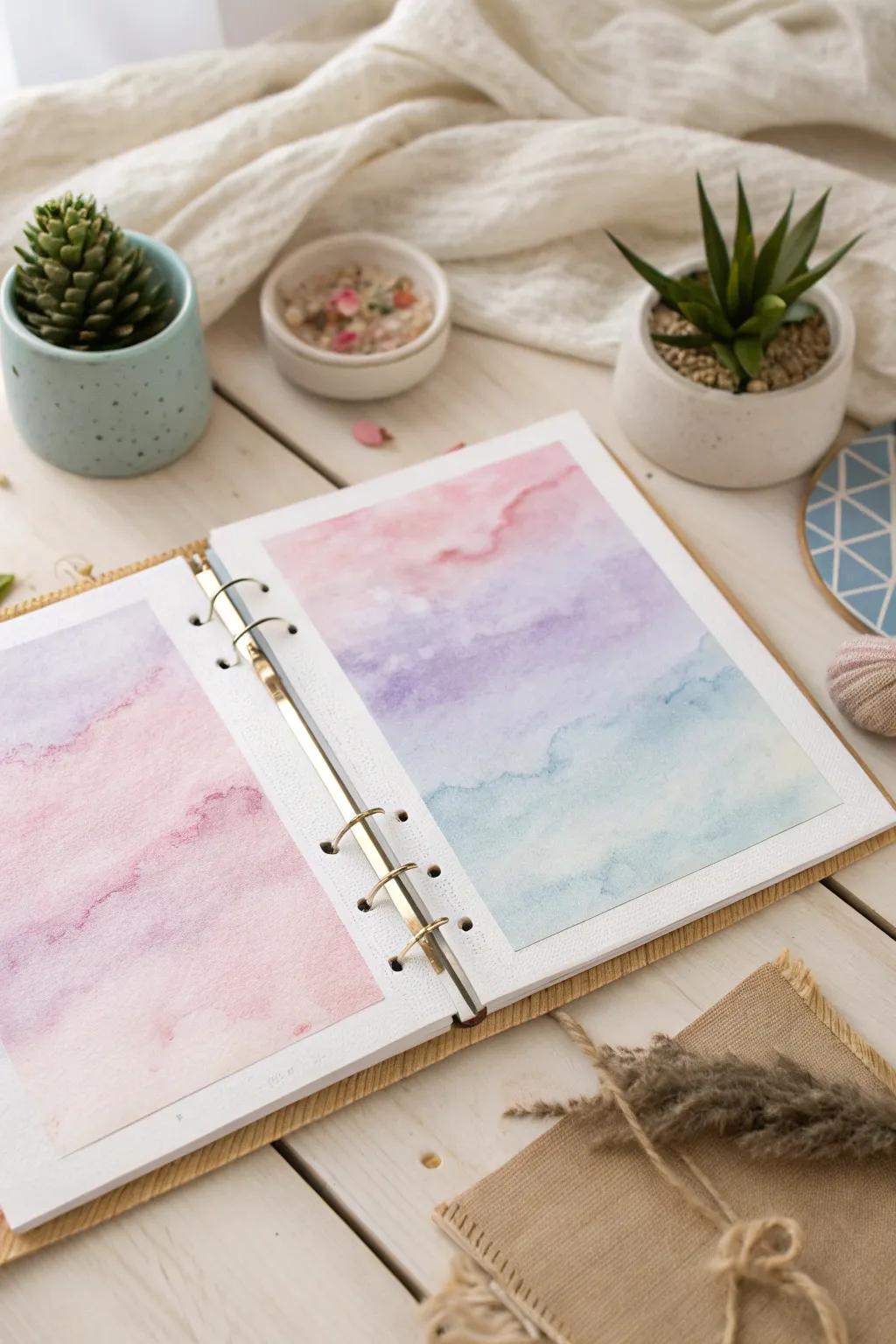 Embrace the art of simplicity with watercolor washes for your DIY photo album. Add a touch of dreamy elegance to your cherished memories.