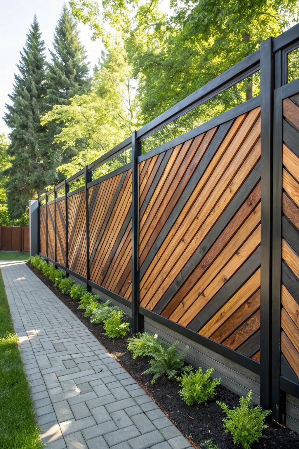 Transform your backyard into a stylish retreat with a sleek diagonal slat privacy fence.