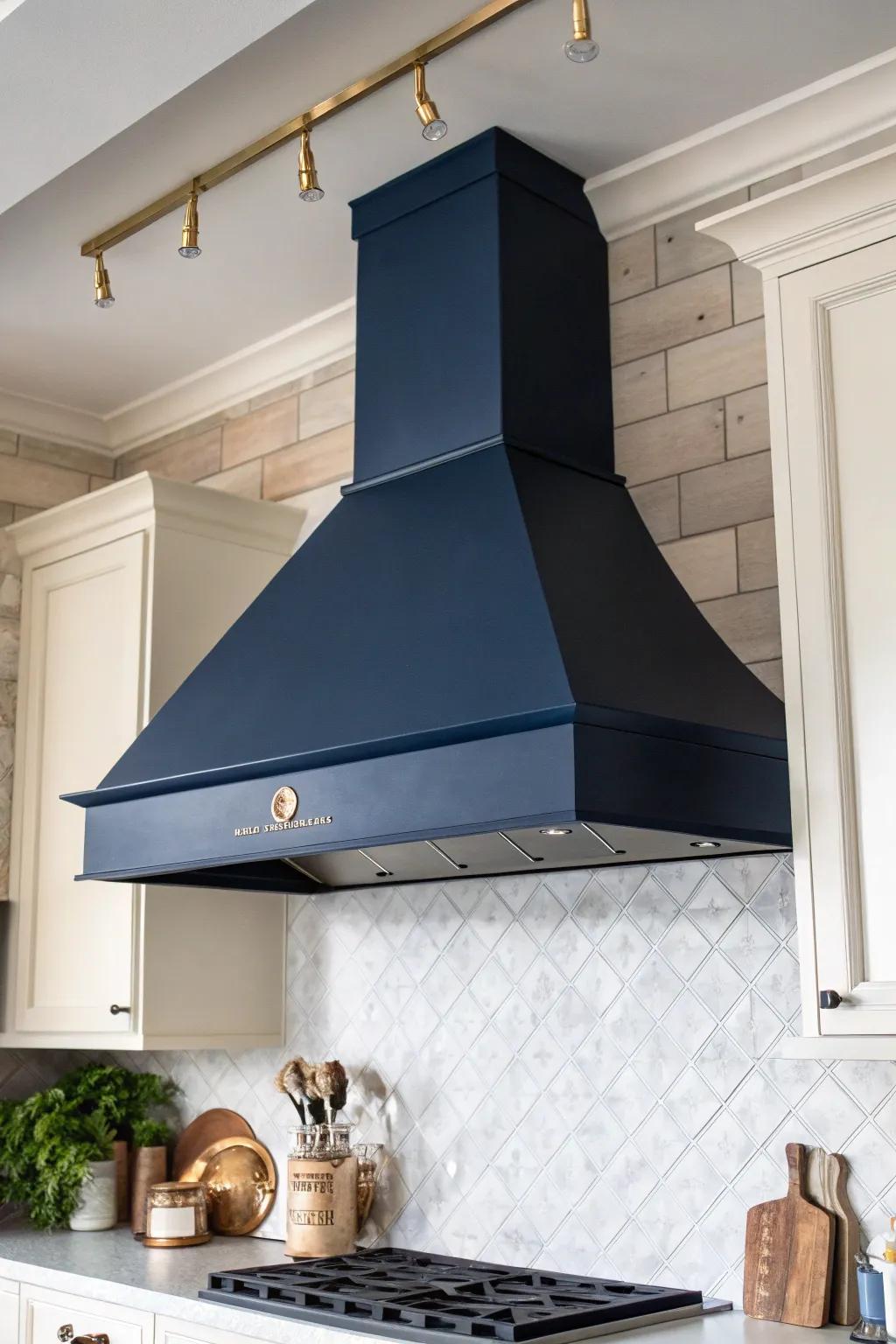 Transform your kitchen's focal point with a bold navy range hood.