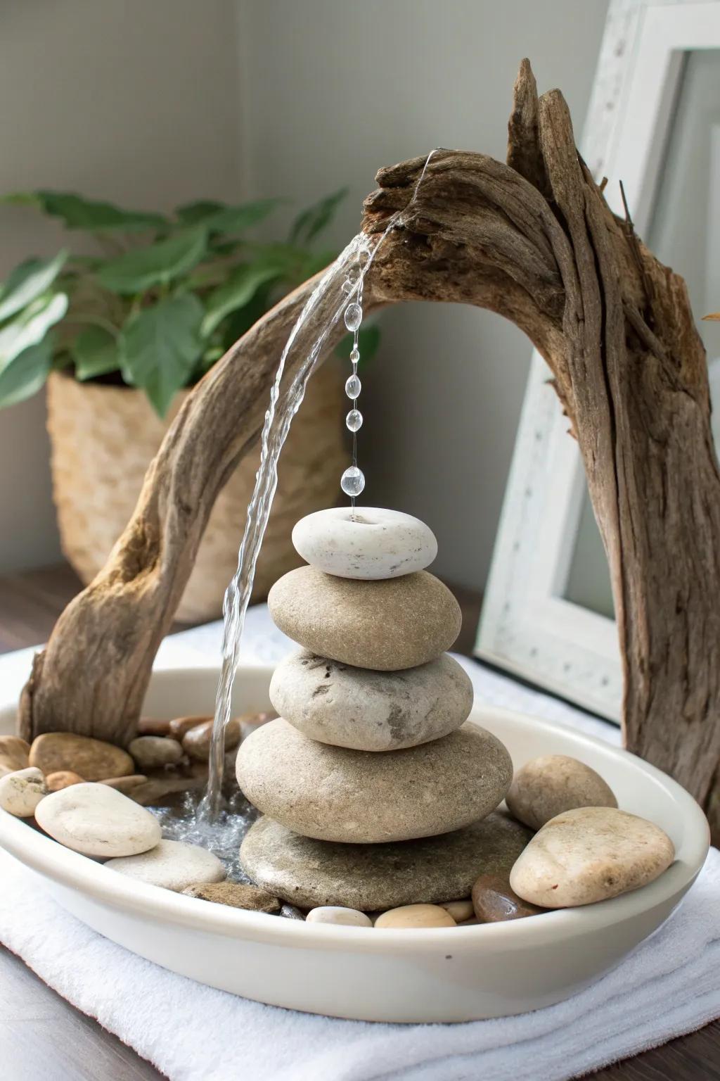 Embrace coastal serenity with a driftwood rock fountain—simple elegance for your space.
