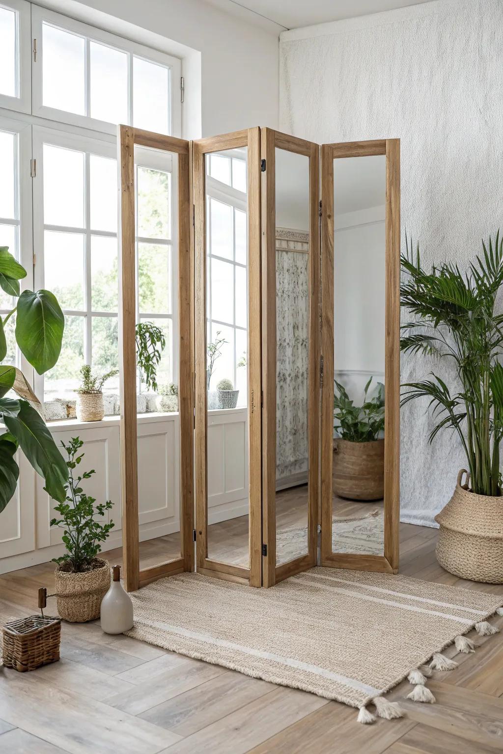 Expand your space with style: a mirrored folding screen that reflects beauty and light.