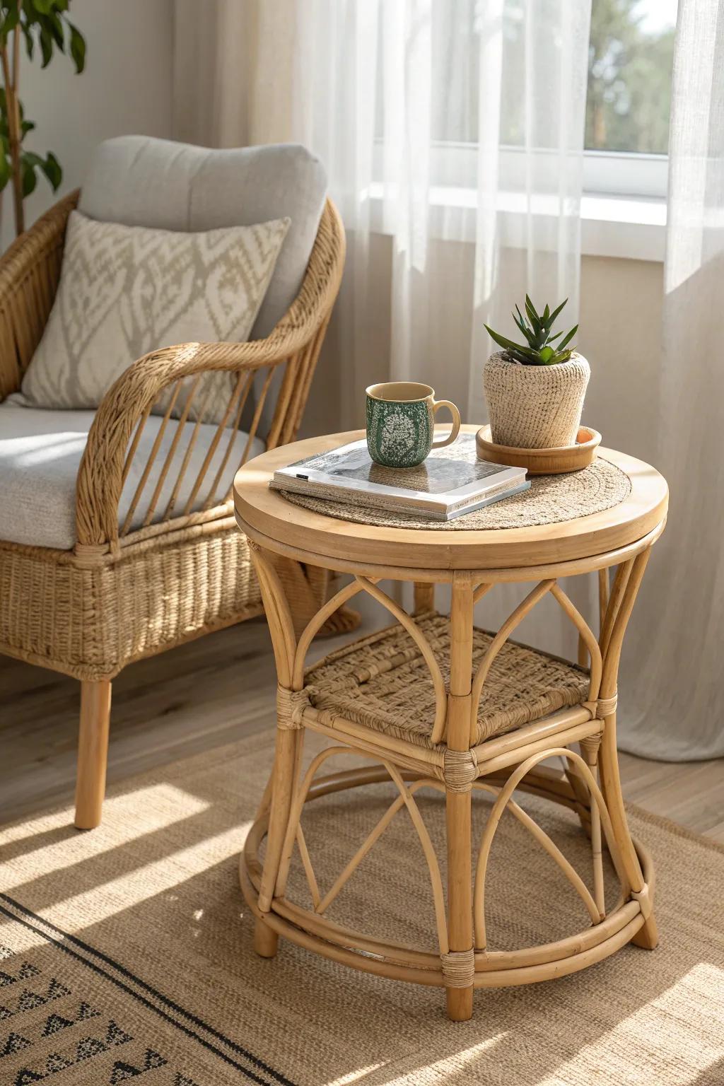 Elevate your reading nook with a Boho side table that blends simplicity and natural beauty.