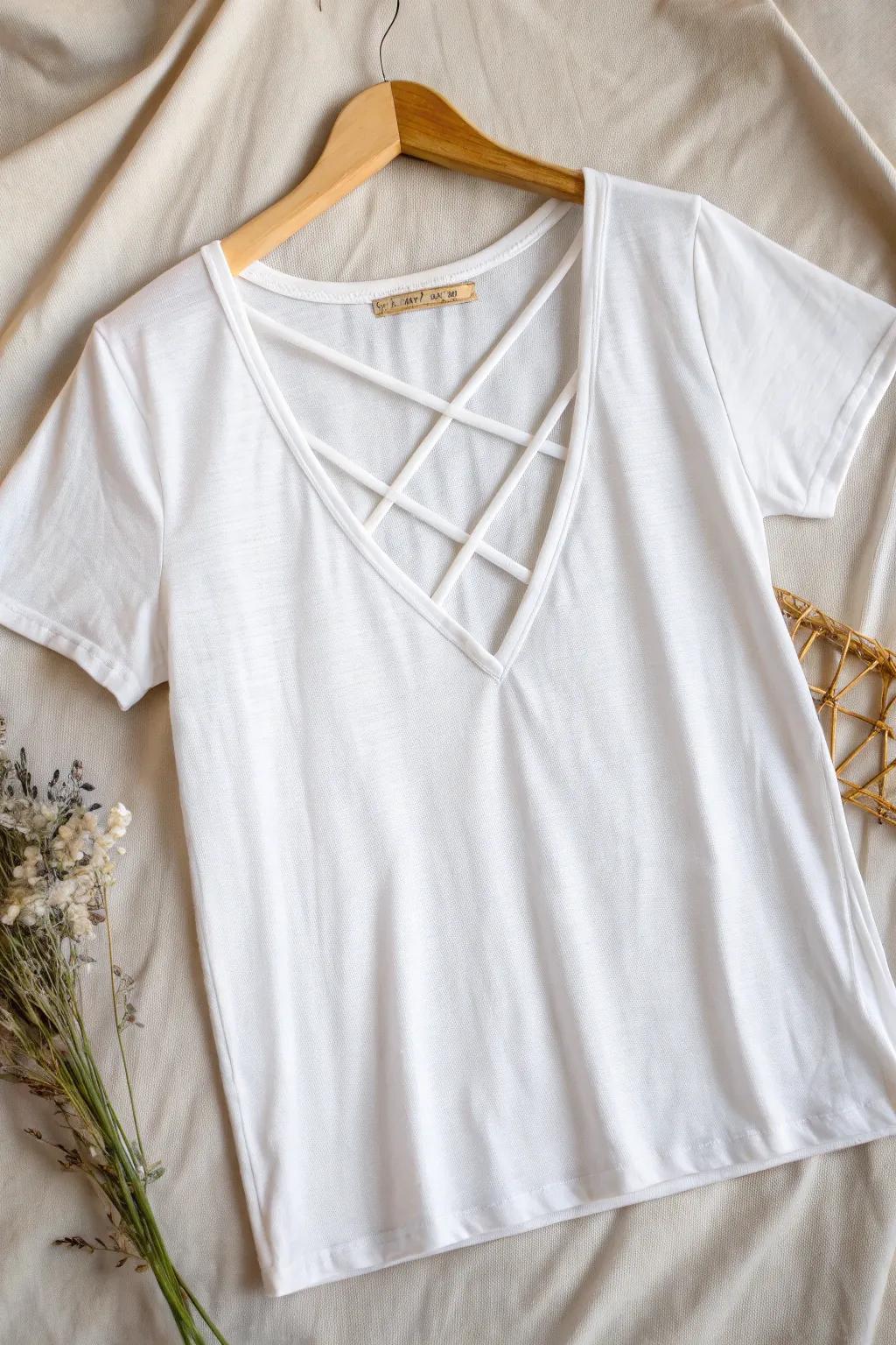 Transform your plain tee into a chic statement piece with this criss-cross cut design. Perfect for layering and expressing your style!