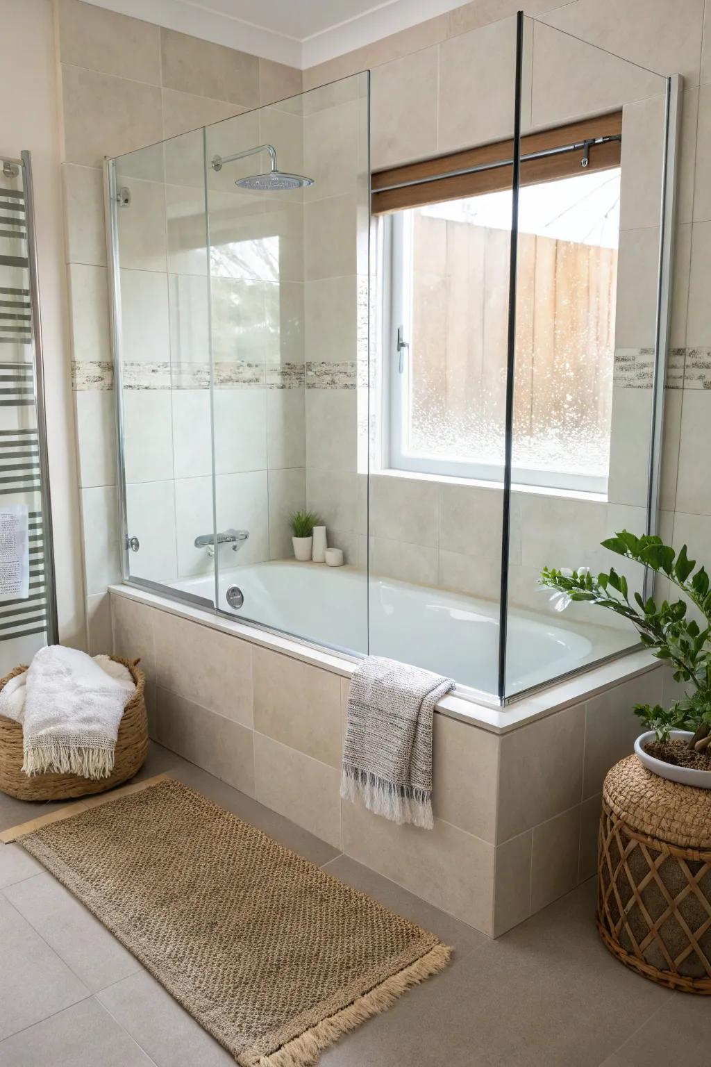 Transform your bathroom into a serene oasis with a sleek glass panel tub surround. #MinimalistElegance #BathroomInspiration
