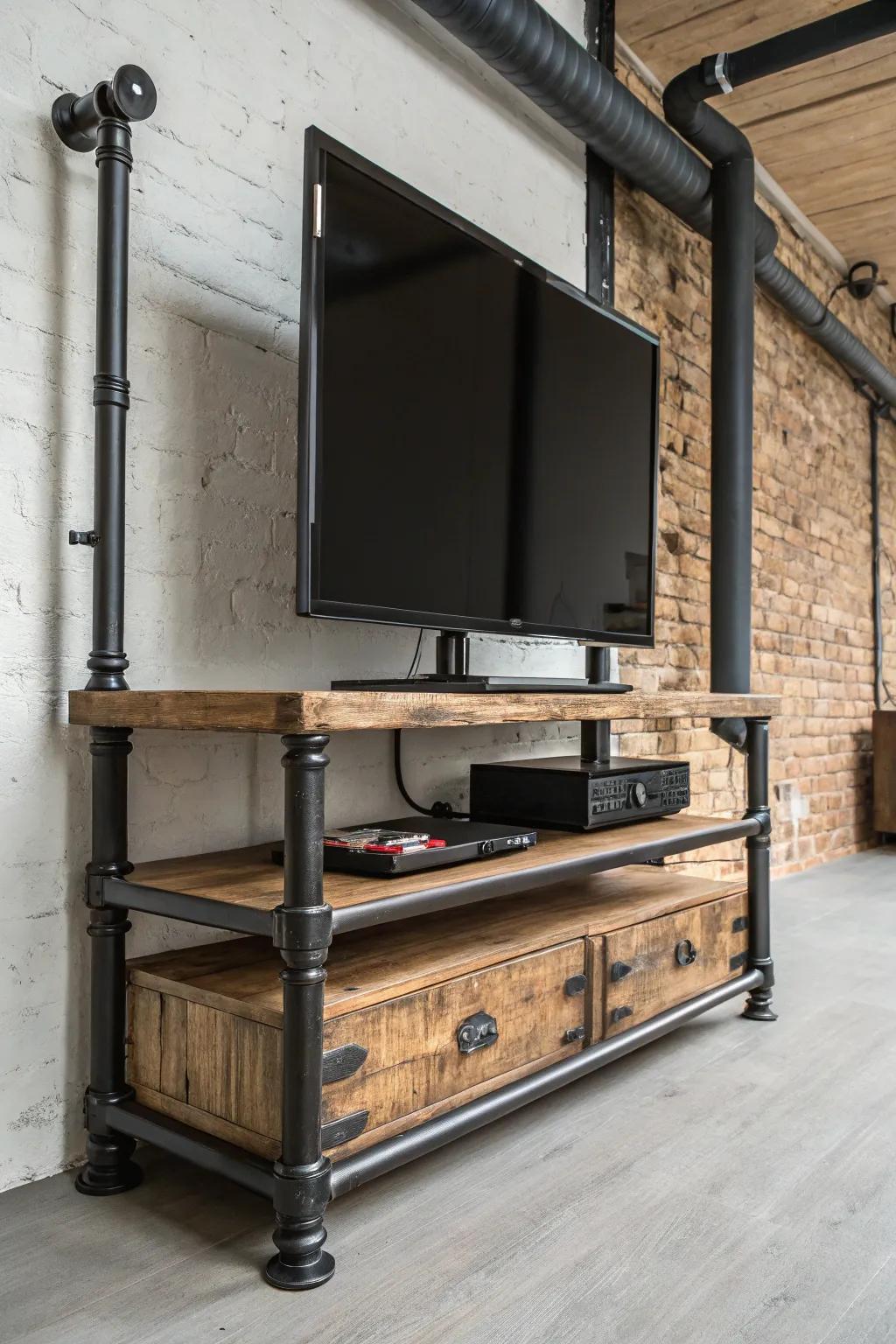 Elevate your space with industrial charm: a DIY TV stand that blends rugged metal and rustic wood for a bold statement.