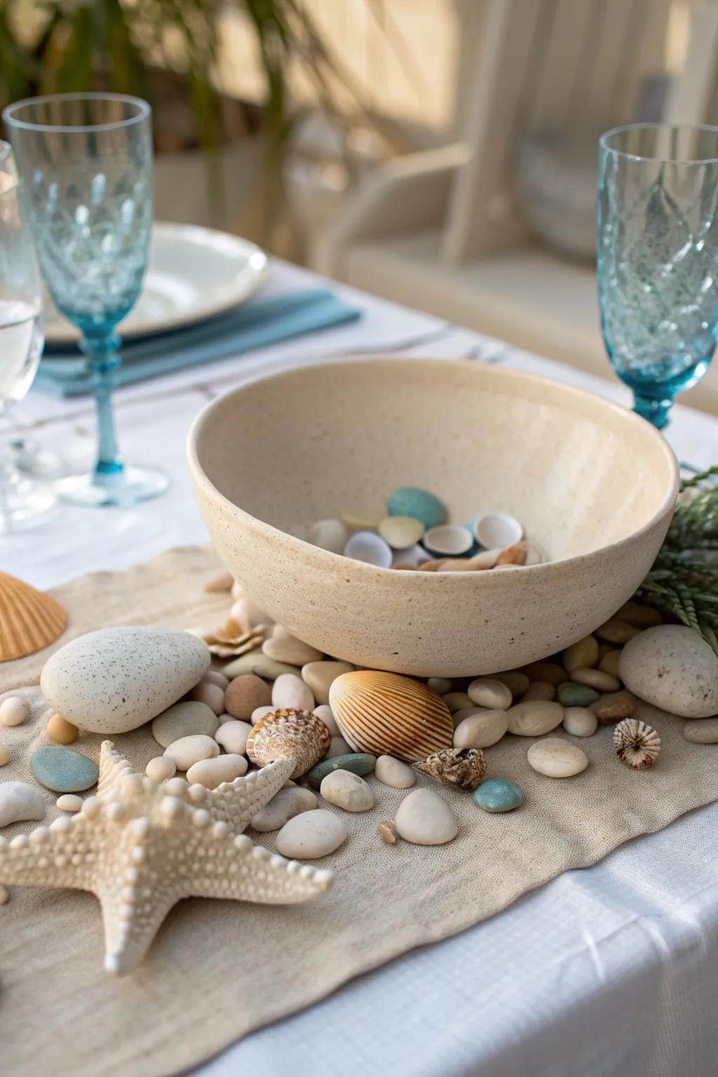 Transform your dining space into an ocean-inspired oasis with this elegant, handcrafted tablescape centerpiece.