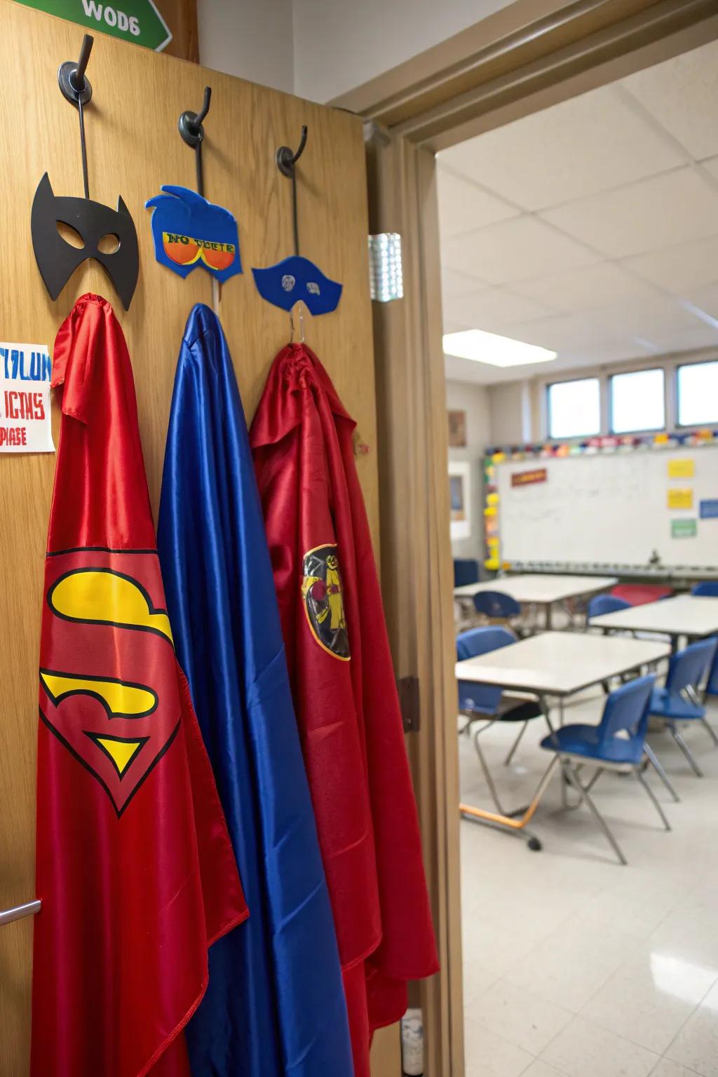 A superhero-themed classroom door, inspiring students to be their own heroes in education.