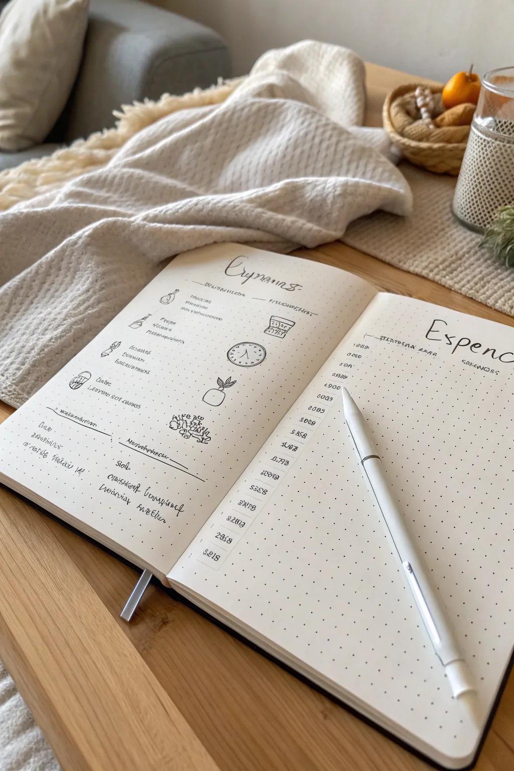 Track your expenses with elegance and simplicity in a minimalist dotted notebook. #BudgetingMadeBeautiful