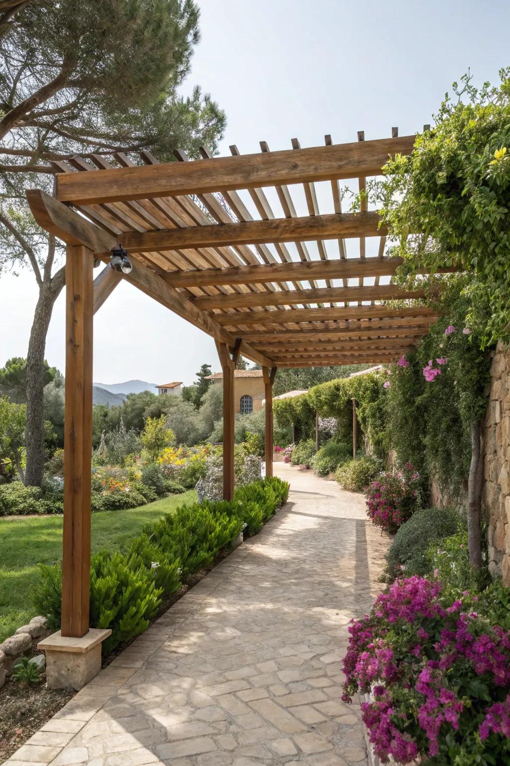 An elegant carport that doubles as a decorative pergola.