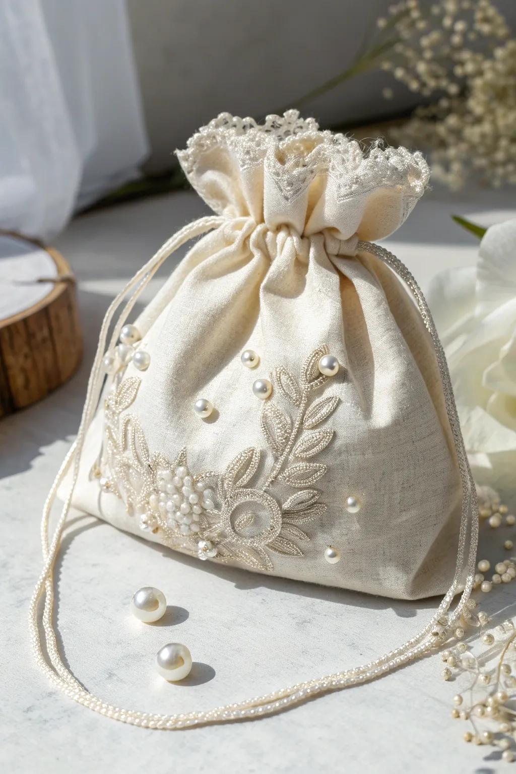 A touch of elegance: Handcrafted bridal drawstring bag with lace and pearls, perfect for your special day.