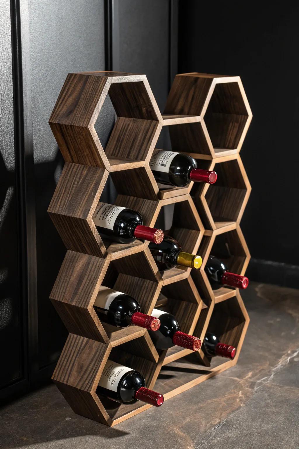 Transform your wine collection into a masterpiece with a honeycomb rack that marries form and function.