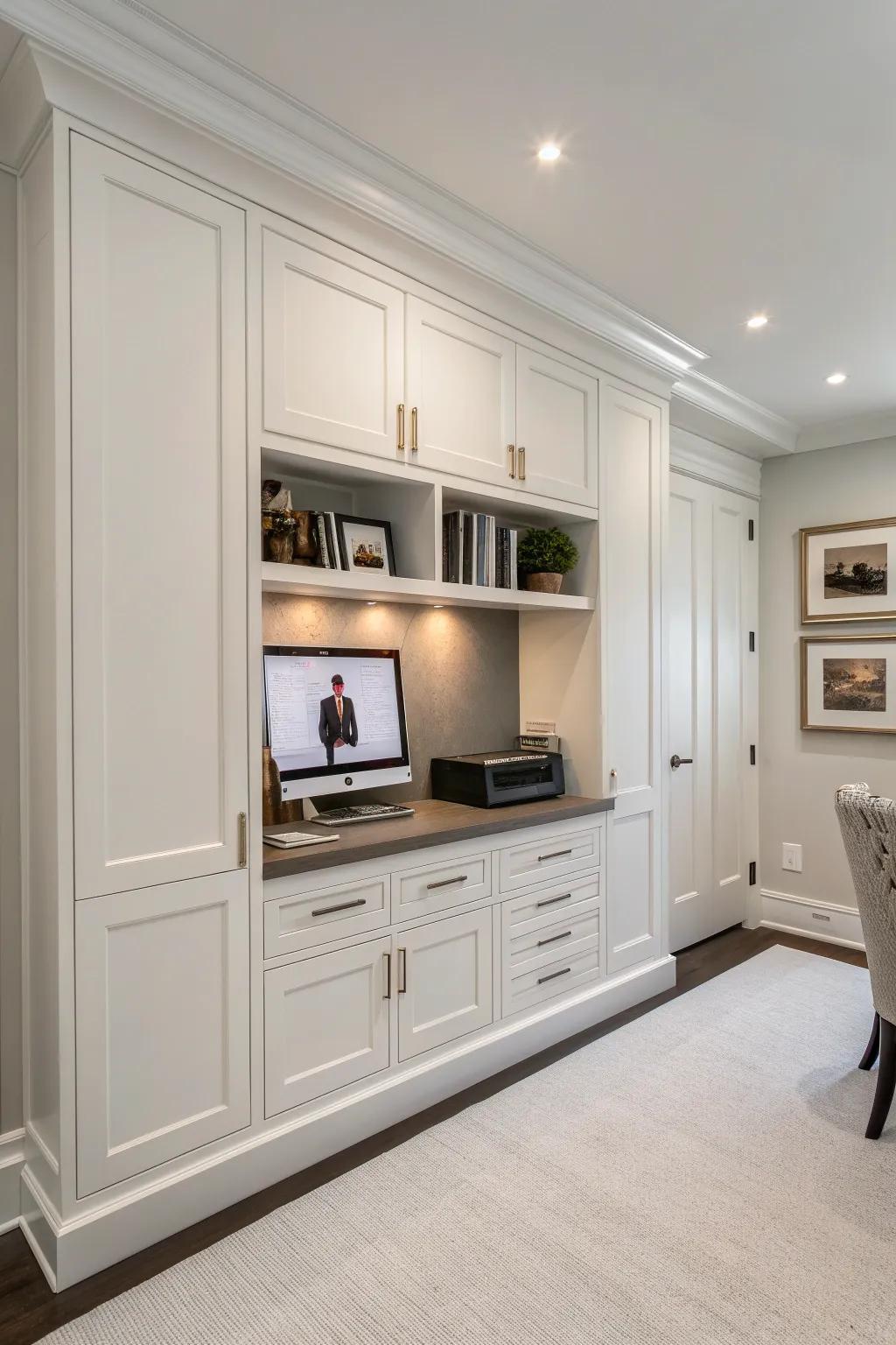 Transform your space with seamless drywall cabinets for a clutter-free, modern home office.