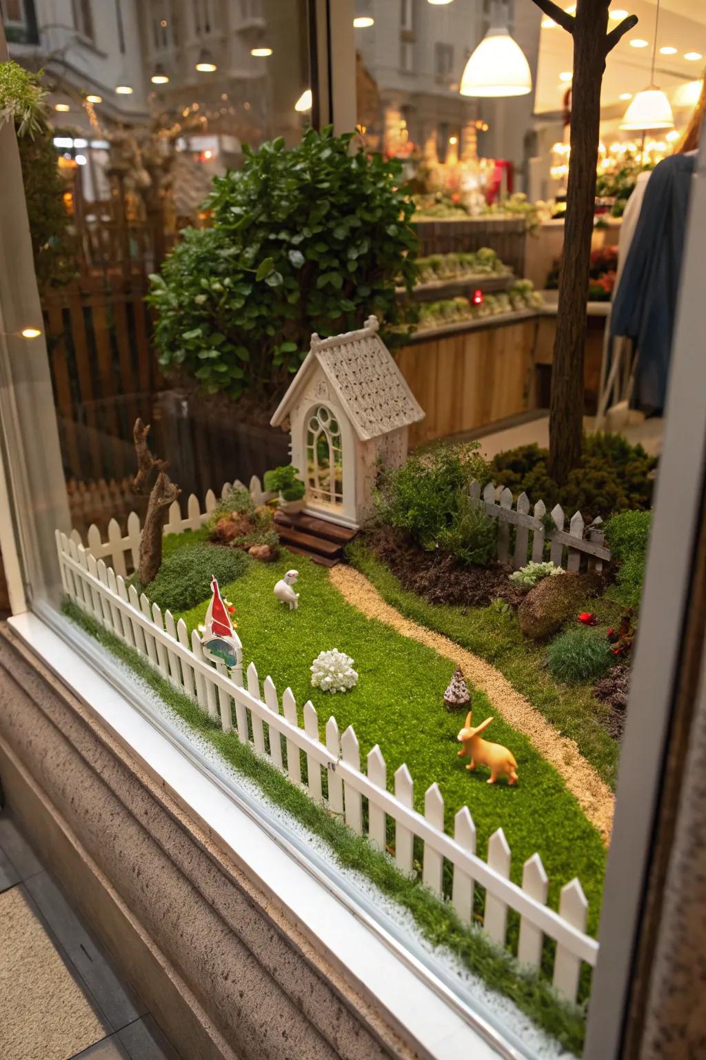 A whimsical miniature garden scene delights with details.