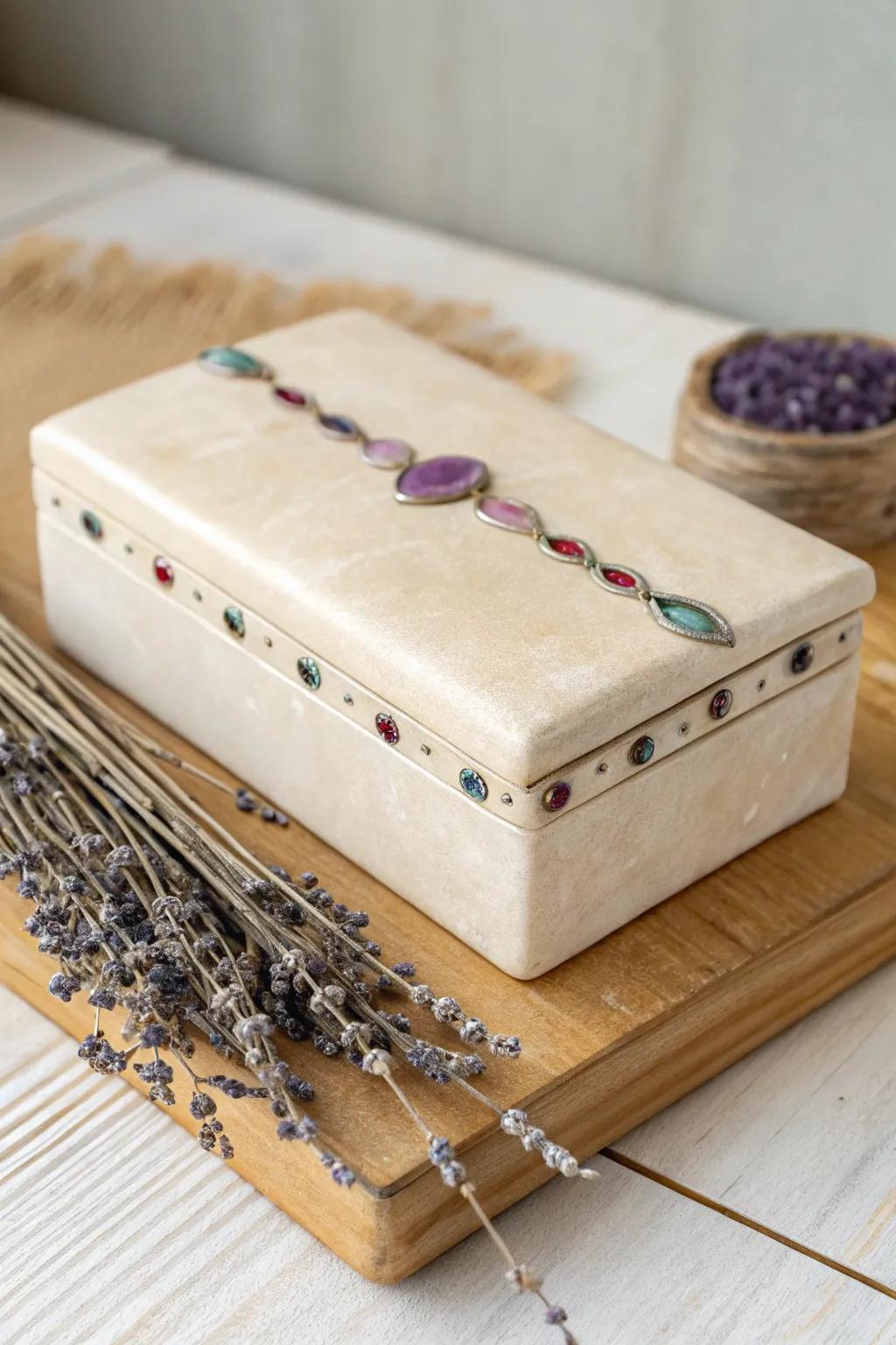 Discover the art of contrast with this stunning mixed media clay box. Perfect for adding a touch of elegance to any space.