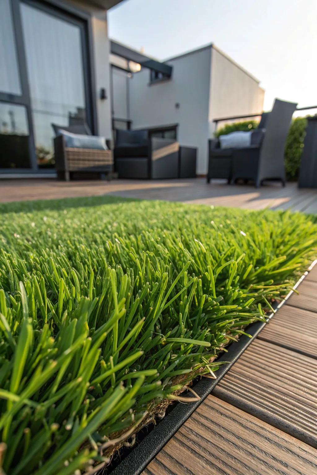 Transform your patio into a green oasis with maintenance-free artificial grass.