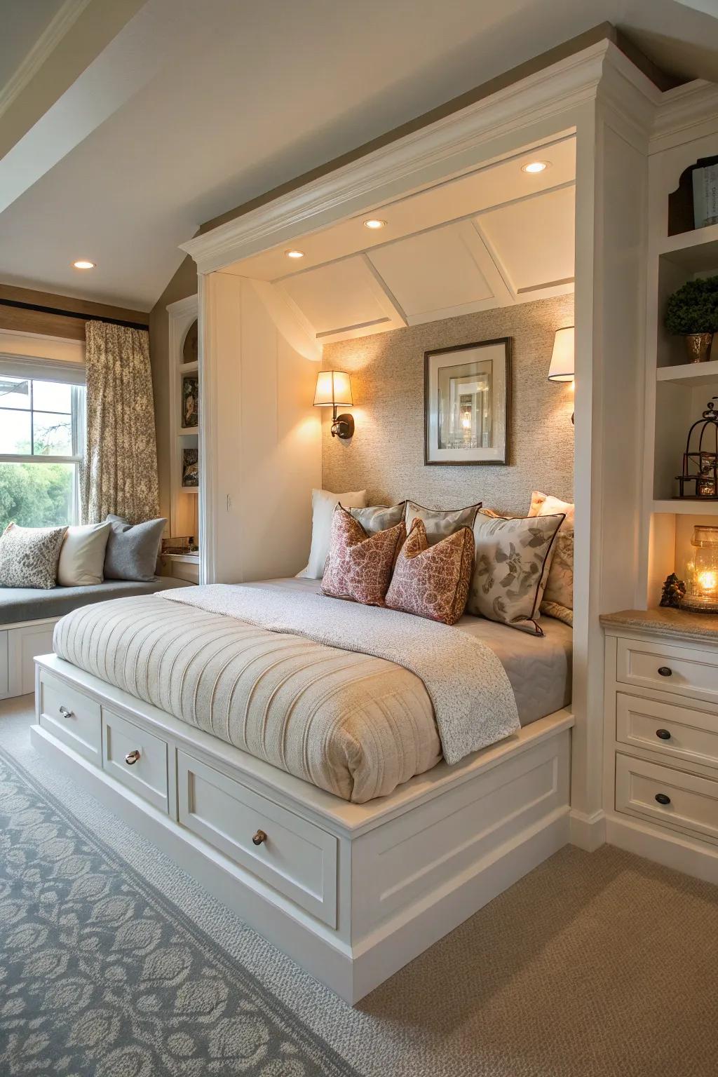 A built-in nook provides a tailored storage solution.