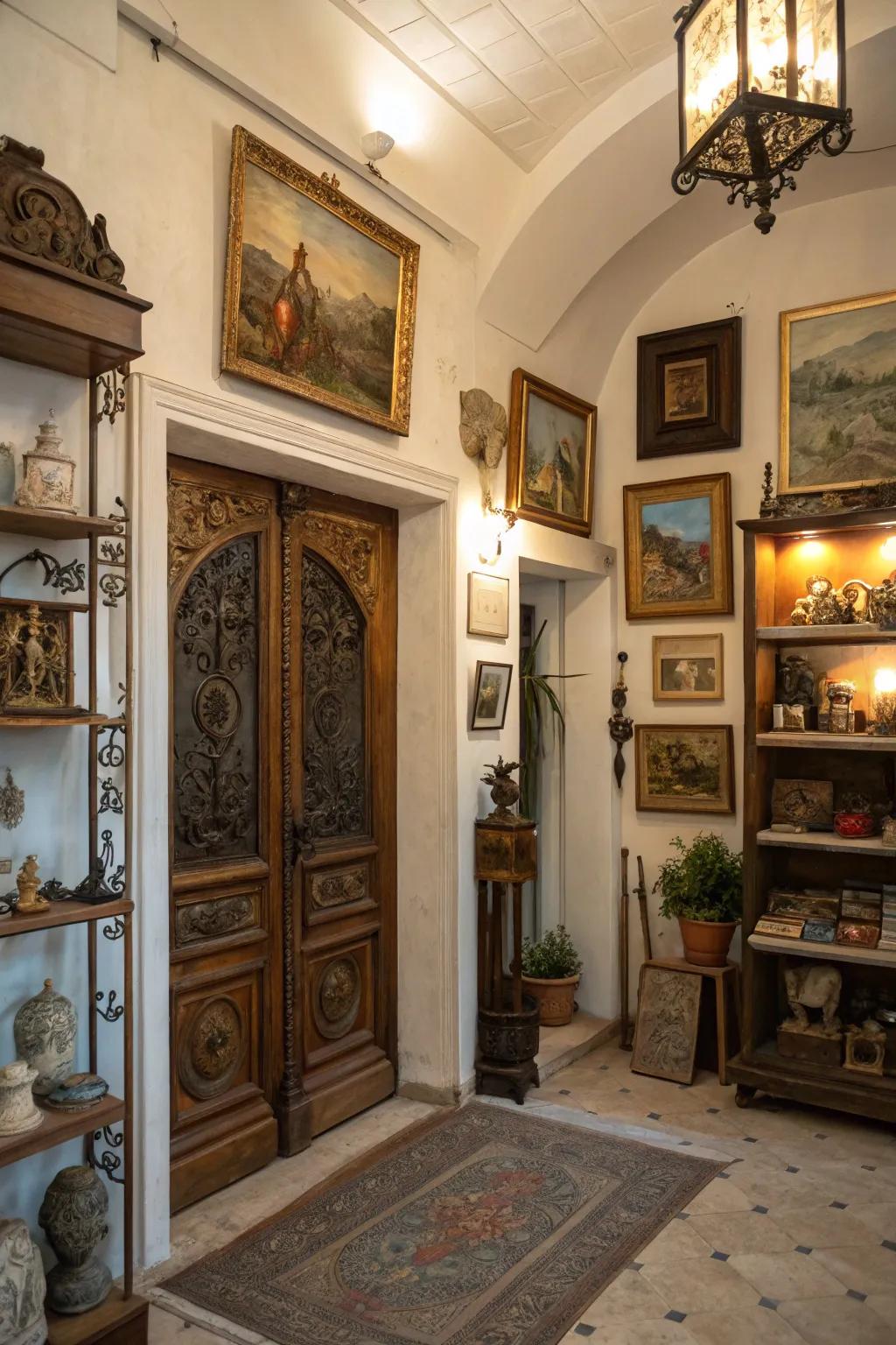 Vintage art pieces bring history and character to the entryway.
