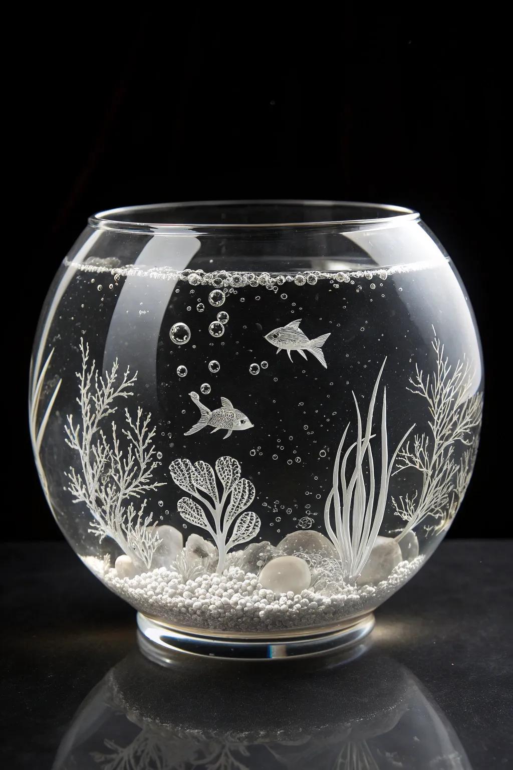 Dive into artistry with this exquisitely etched aquatic fishbowl, where sea life comes alive with every glance.
