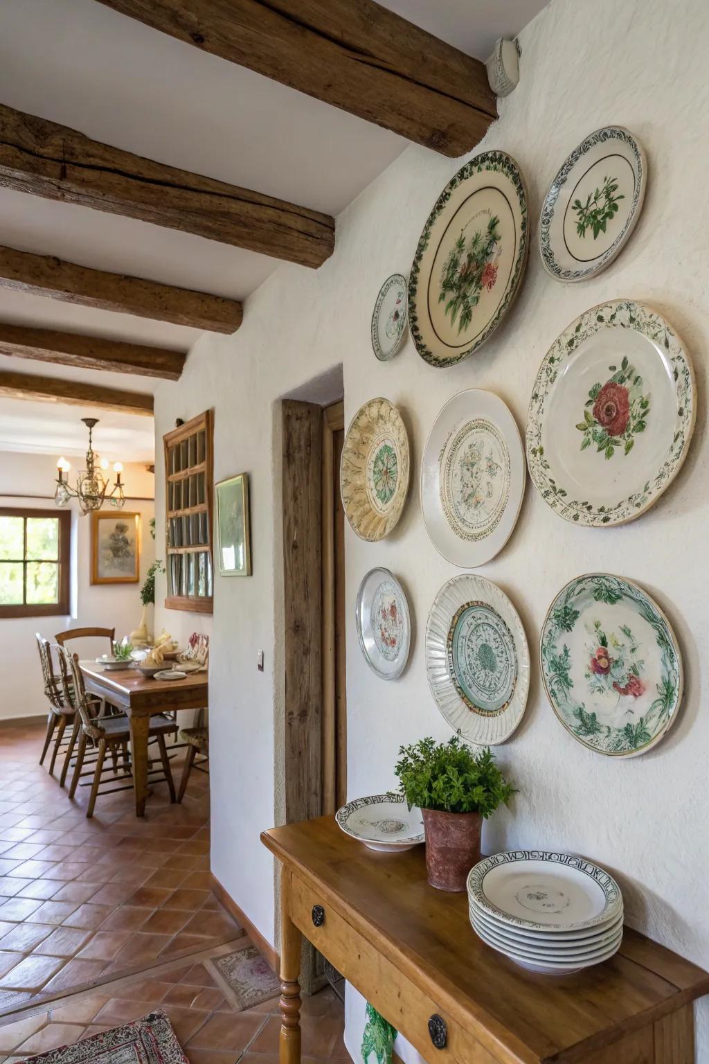 Vintage plates create a unique and historical display in this dining room.