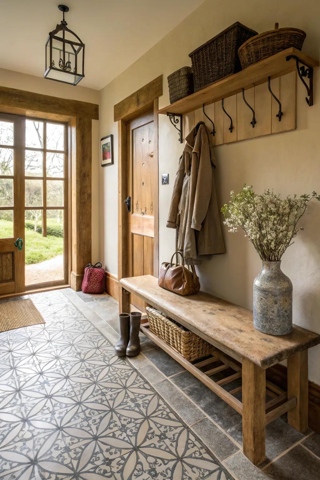 Cement tiles provide durability and style in this farmhouse entryway.