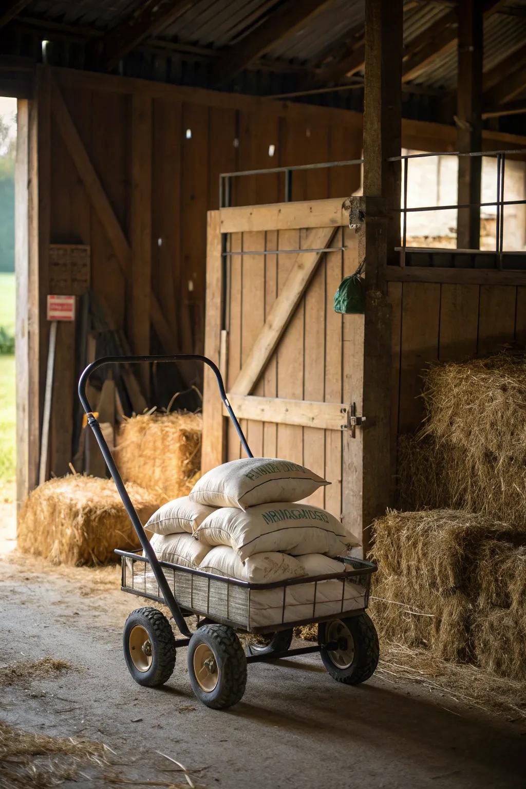 Mobile storage cart for flexible feed storage solutions.