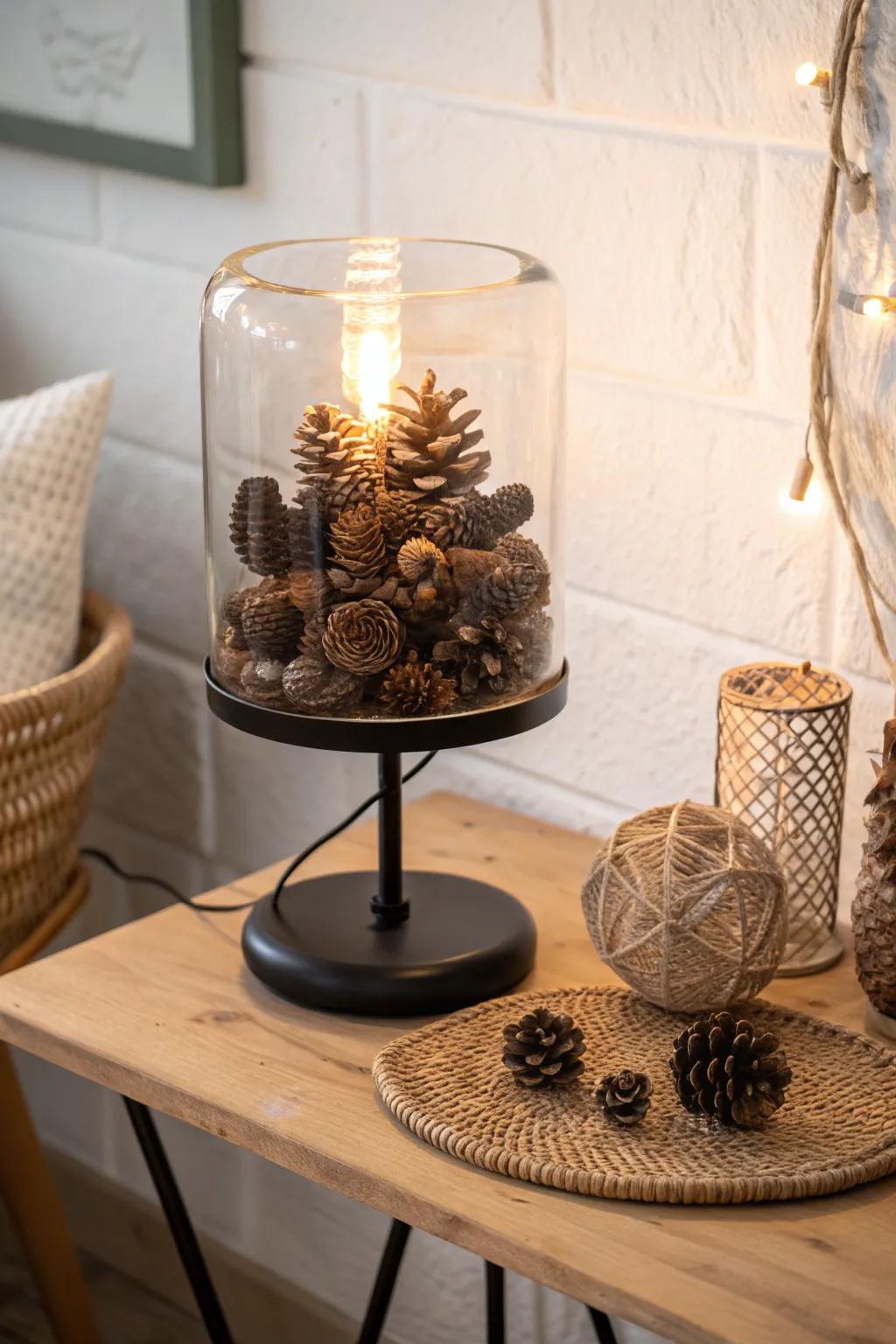 Bring the serenity of the forest indoors with a pinecone-filled lamp that exudes natural elegance.