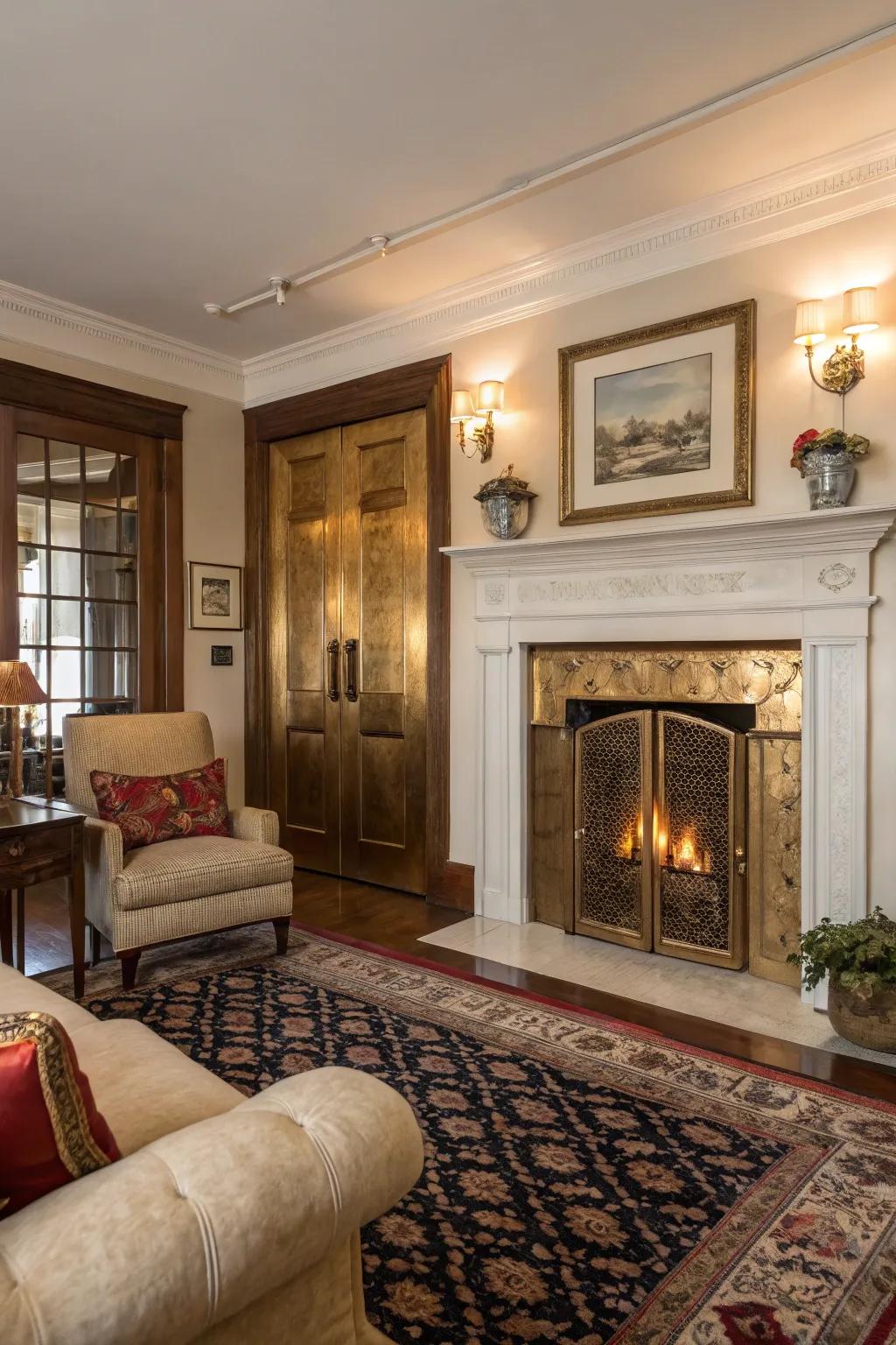 Nostalgic warmth with vintage brass fireplace doors.