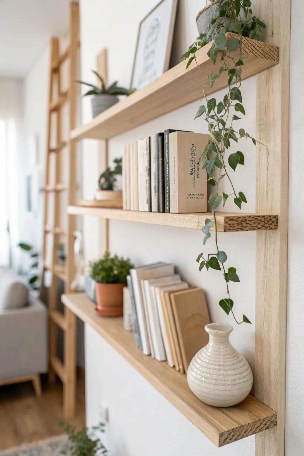 Elevate your office space with minimalist floating shelves for an organized and inspiring work environment.