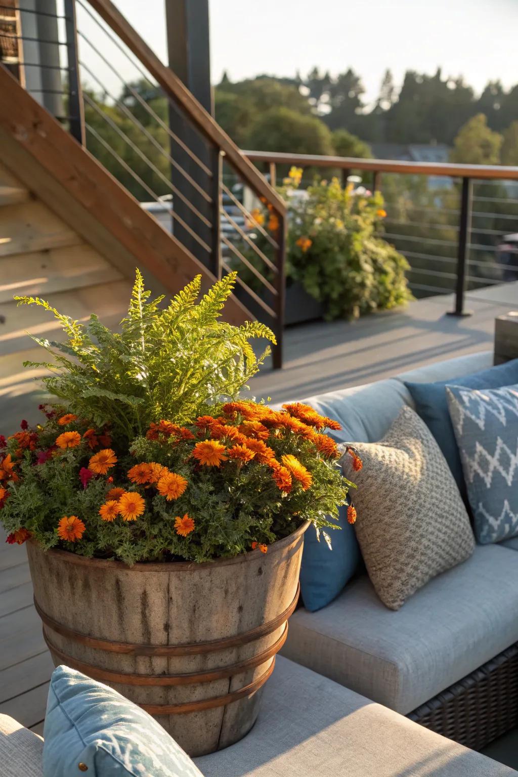 Transform your deck into a personal retreat with vibrant planters and plush textiles.