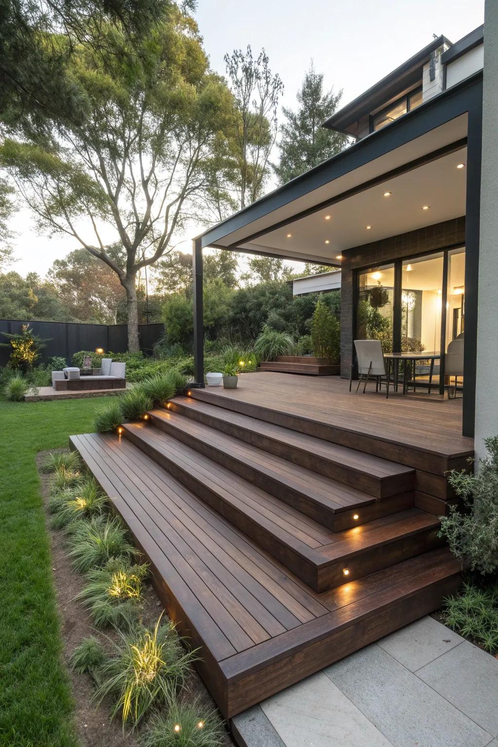 Elevate your outdoor space with this stunning wraparound floating deck design — where style meets functionality.