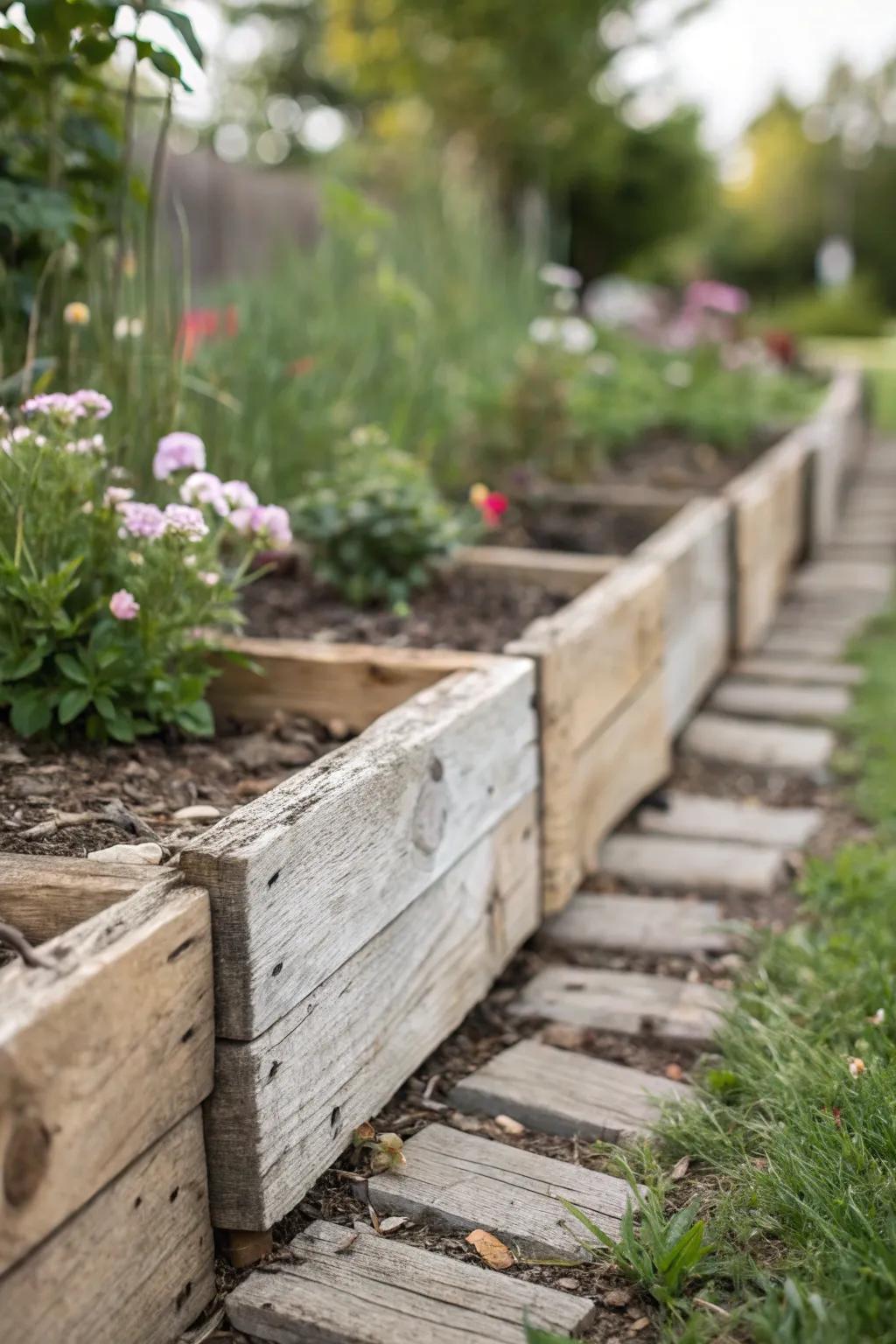 Embrace rustic charm with upcycled pallet wood edging for a garden that's both sustainable and stylish.