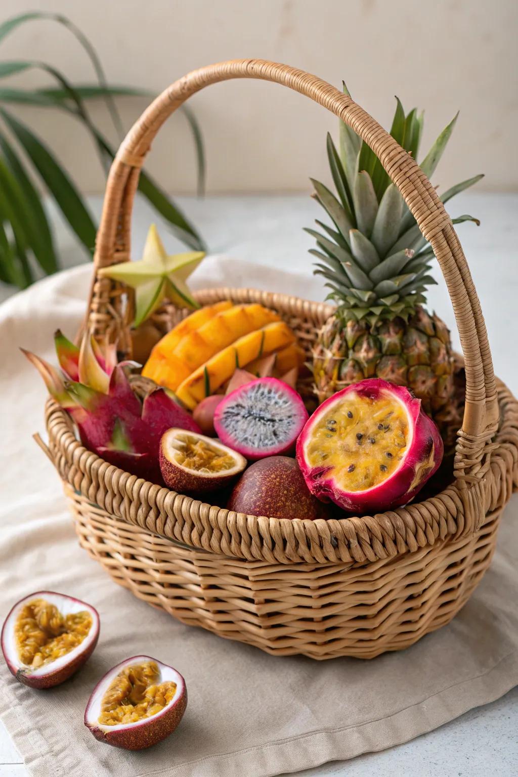 Embark on a taste adventure with this stunning exotic fruit basket, perfect for a touch of elegance and natural beauty.