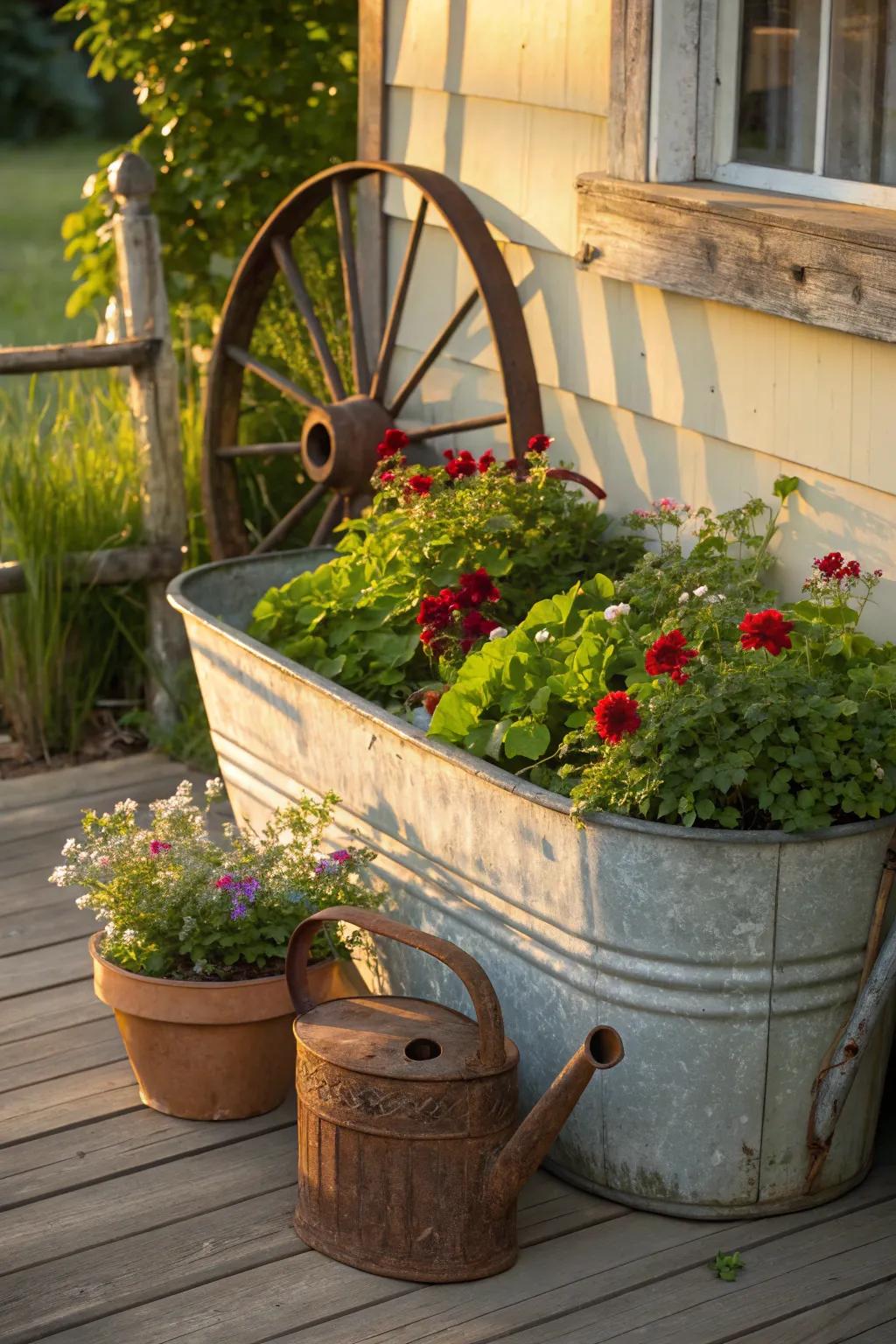 Embrace vintage charm with a galvanized wash tub planter, beautifully paired with antique finds for a touch of nostalgia.
